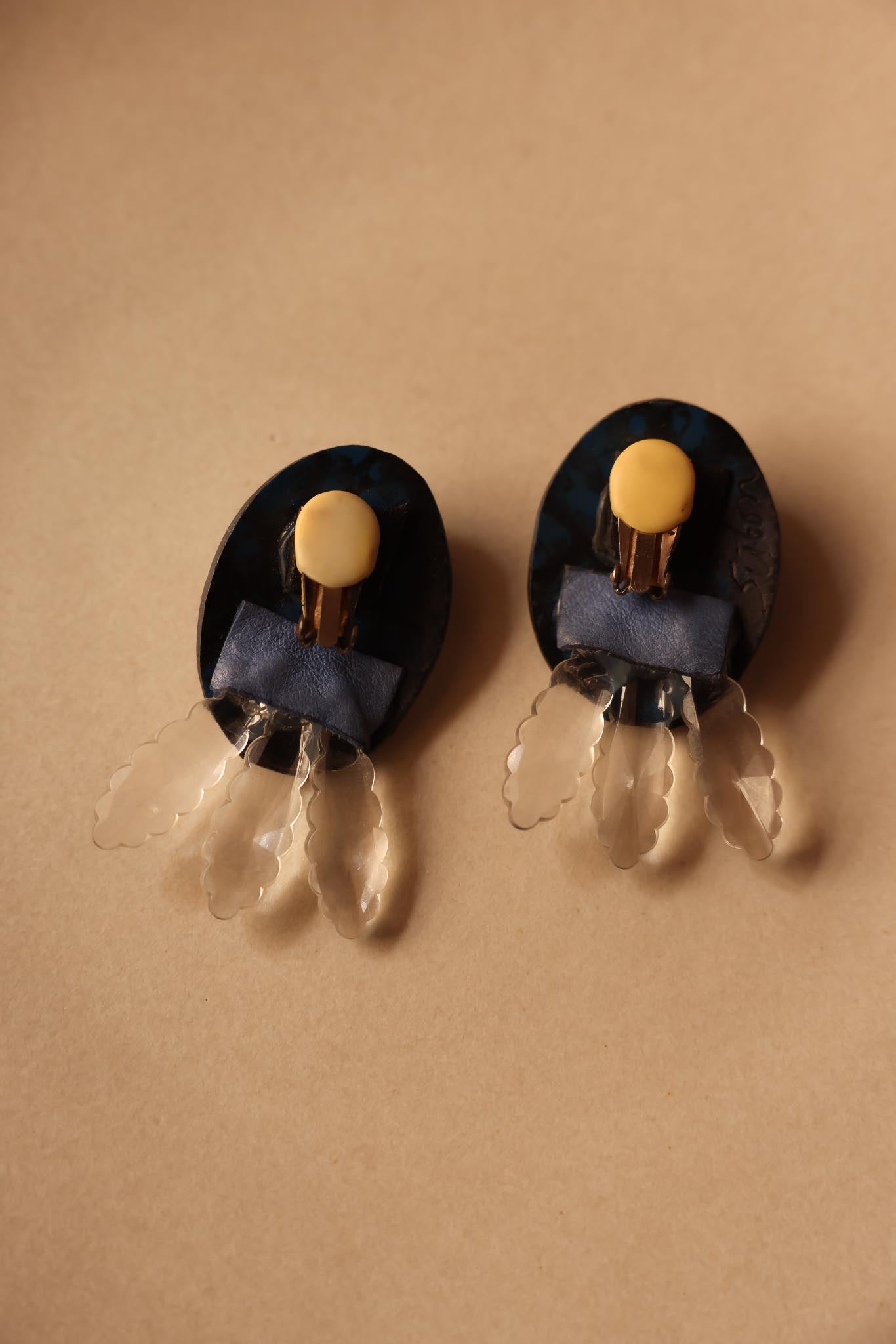 Blue Rhinestone and Frosted Leaf Clip-On Earrings|Vintage Baazaar