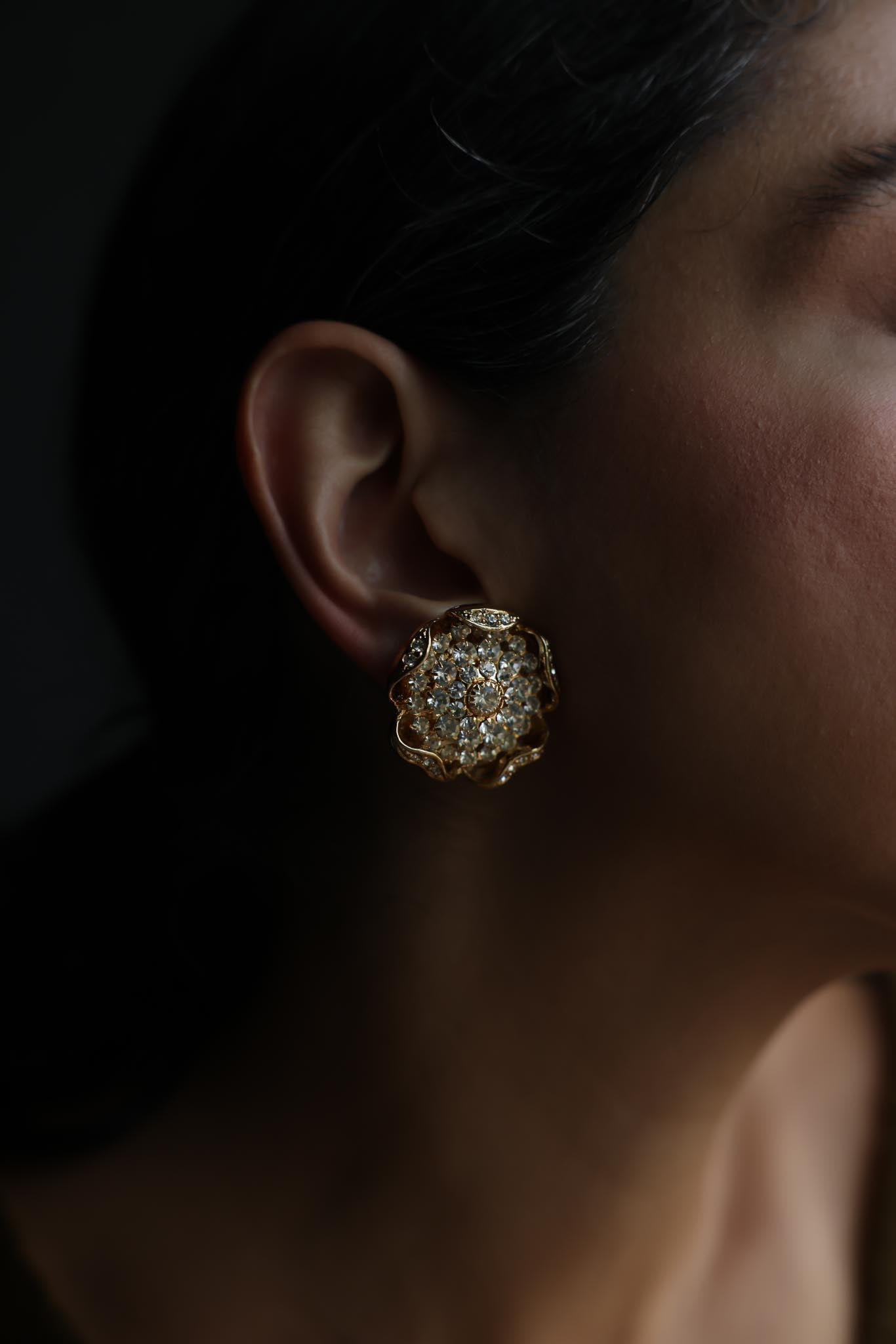 Vintage Gold Tone Rhinestone Flower Clip-On Earrings