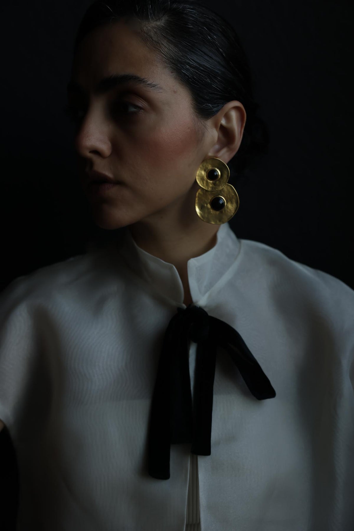 Oversized Matte Gold Double Disc Black Cabochon Drop Clip-On Earrings
