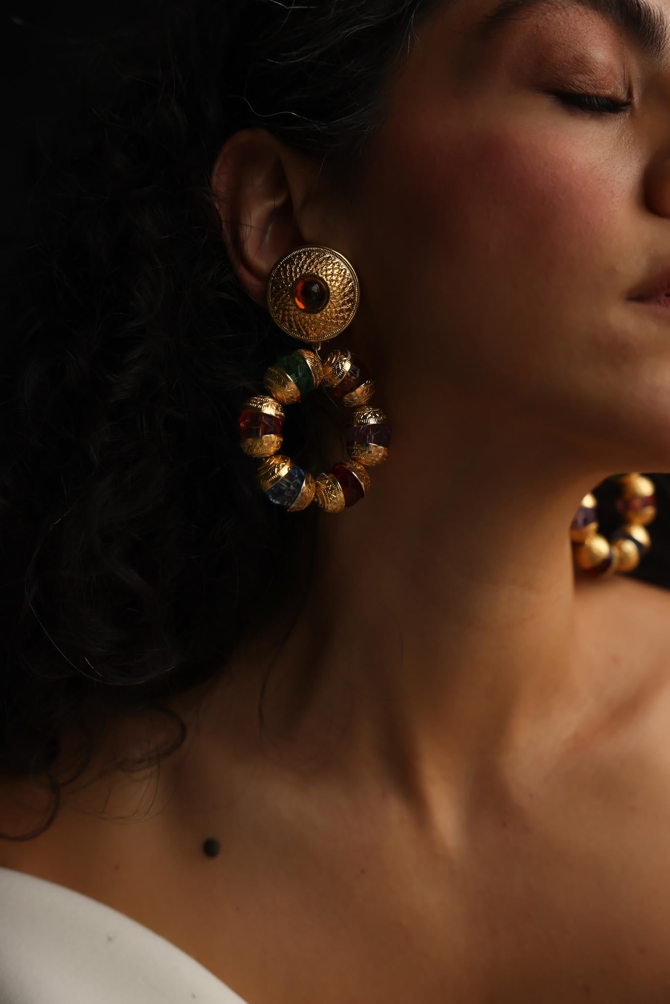 Multicolor Beaded Hoop Clip-On Earrings