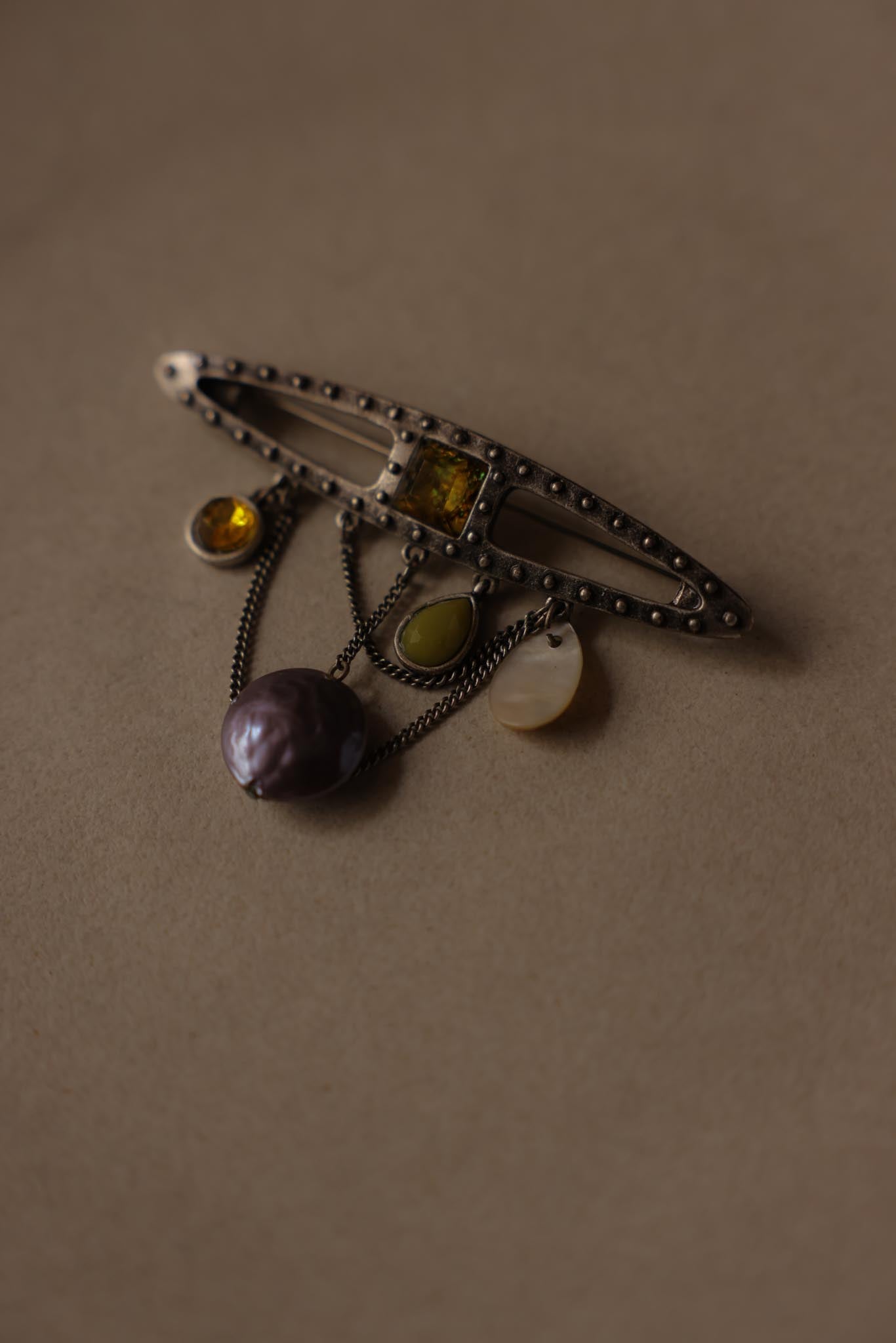 Silver-Tone Multicolor Cabochon Bar Brooch With Chain Dangles|Vintage Baazaar