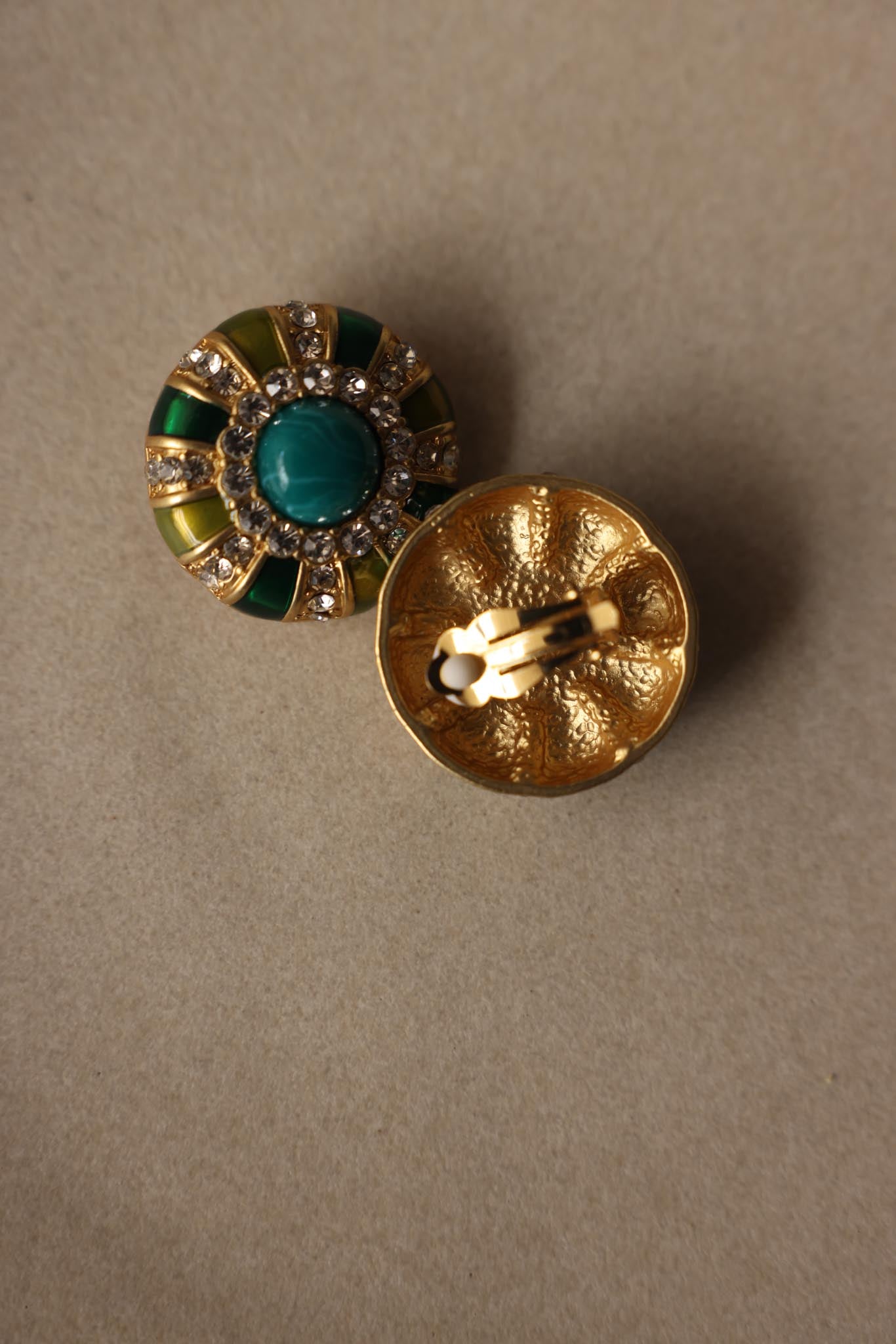 Vintage Gold Tone Green Enamel & Turquoise Cabochon Clip-On Earrings