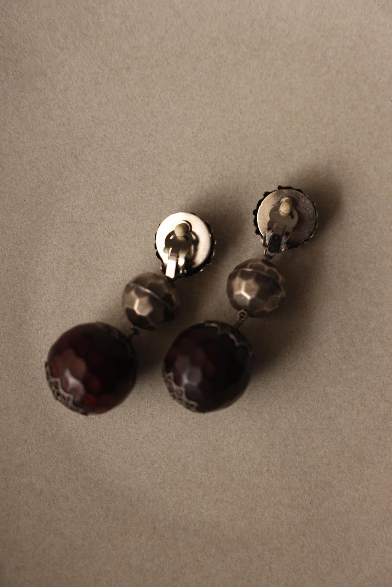 Vintage Silvertone Burgundy Accent Bead Dangle Clip-On Earrings