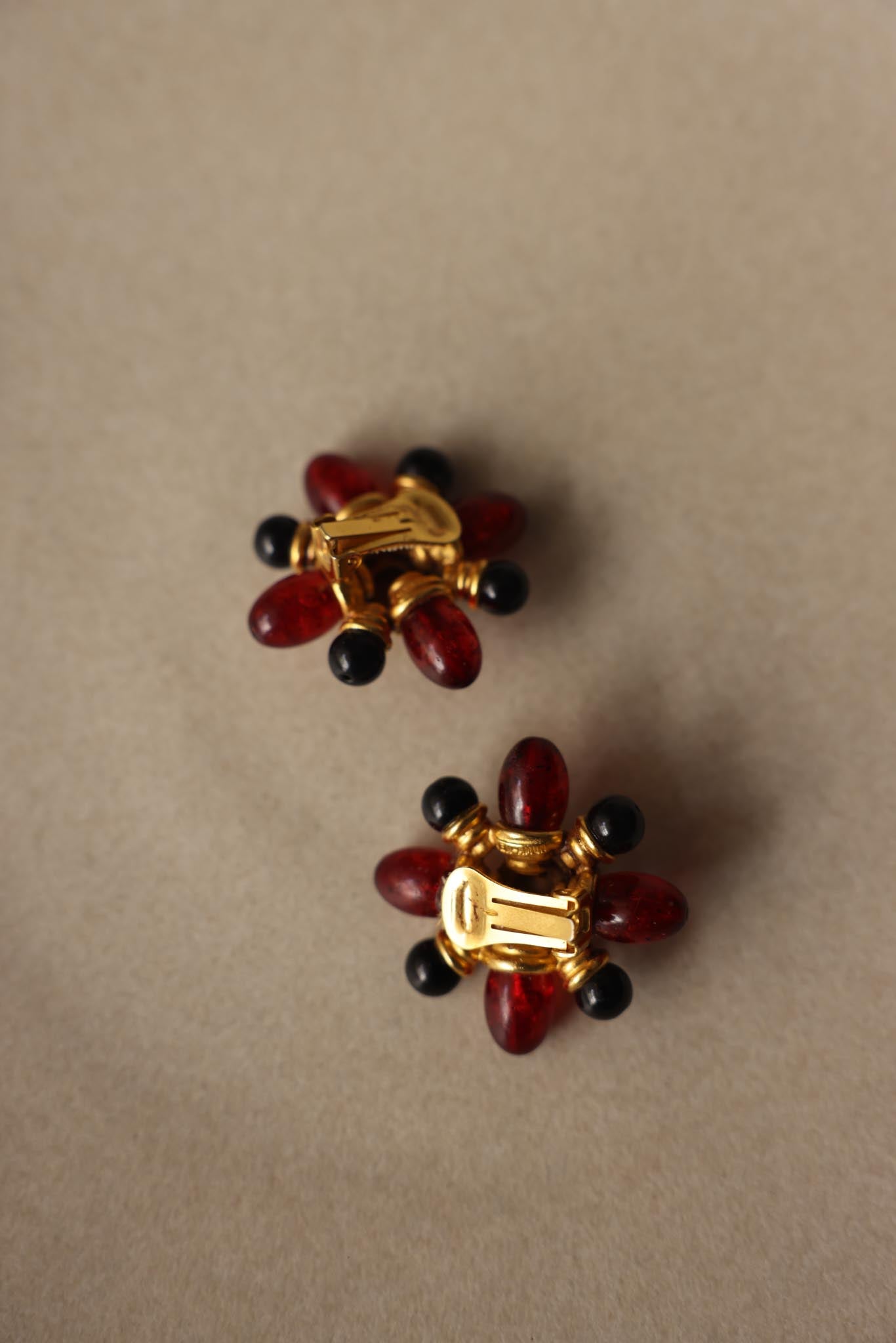 Ben-Amun Gold Tone Red & Black Cabochon Clip-On Earrings
