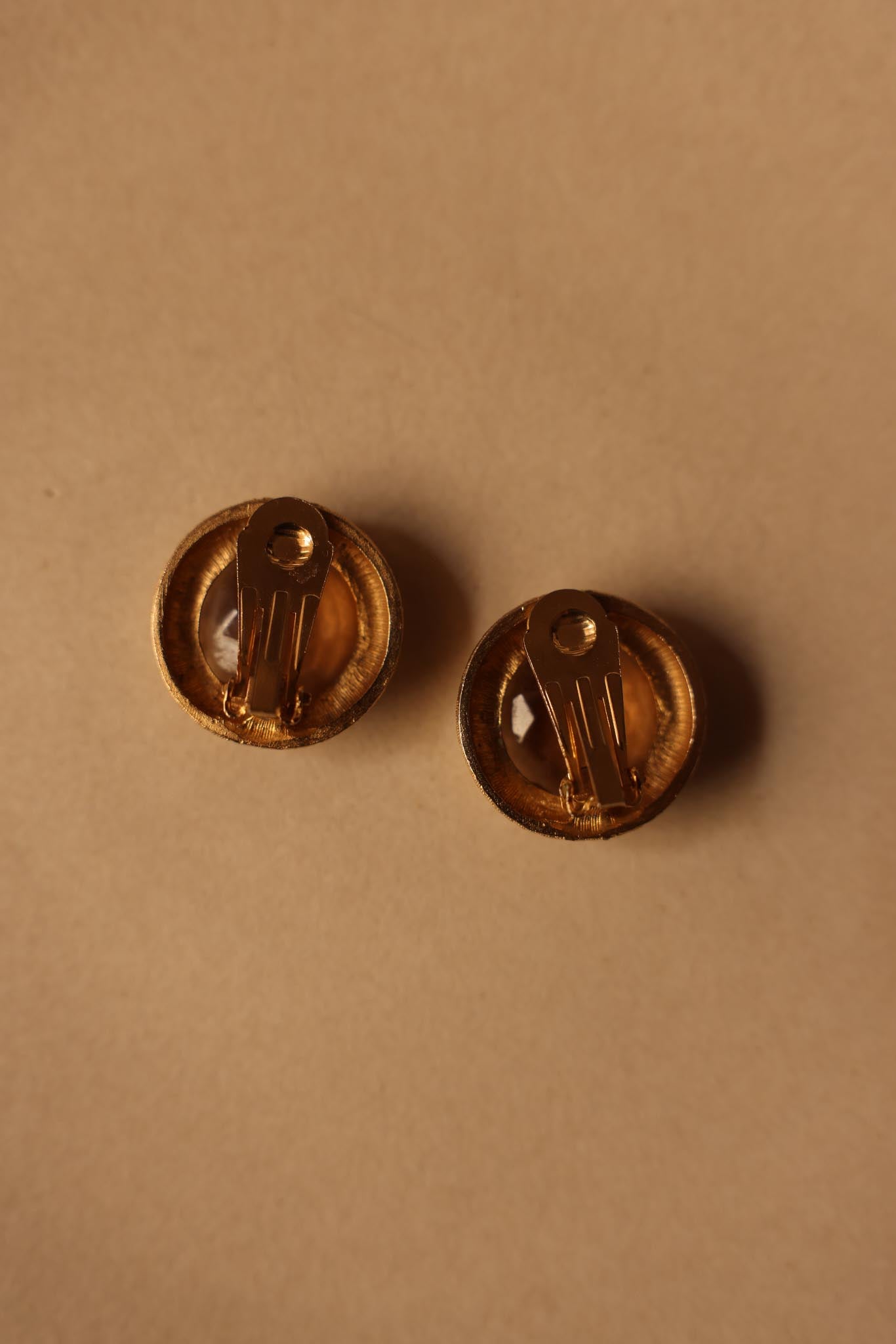 Round Gold-Tone Clip-On Earrings with Brown Faceted Centers|Vintage Baazaar