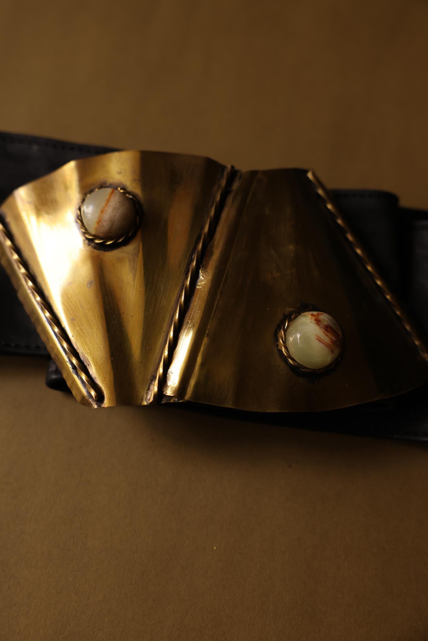 1980s Leather Belt with Copper and Stone Accents