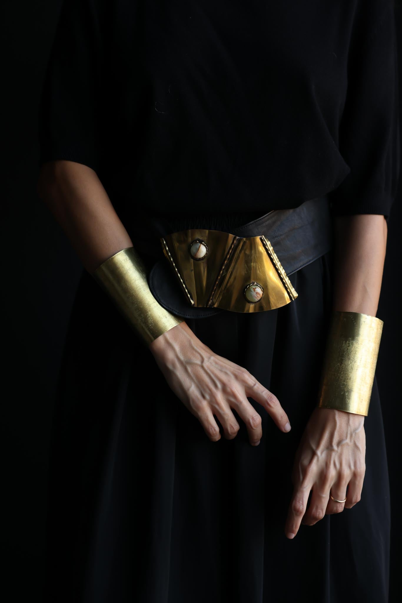 1980s Leather Belt with Copper and Stone Accents