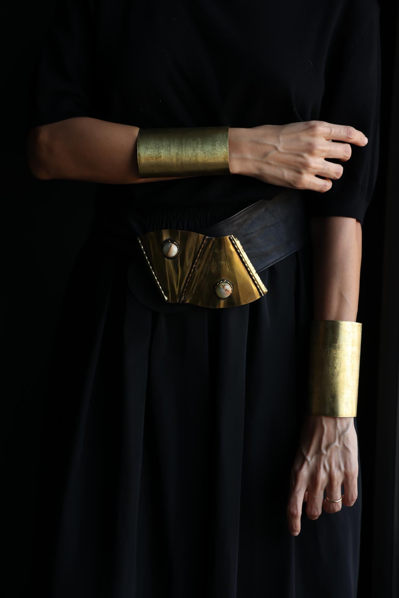 1980s Leather Belt with Copper and Stone Accents