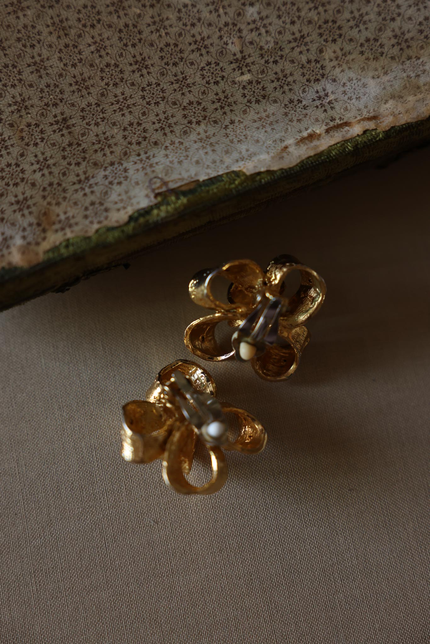 Gold-Tone Ribbon Bow Clip-On Earrings with Clear Rhinestones