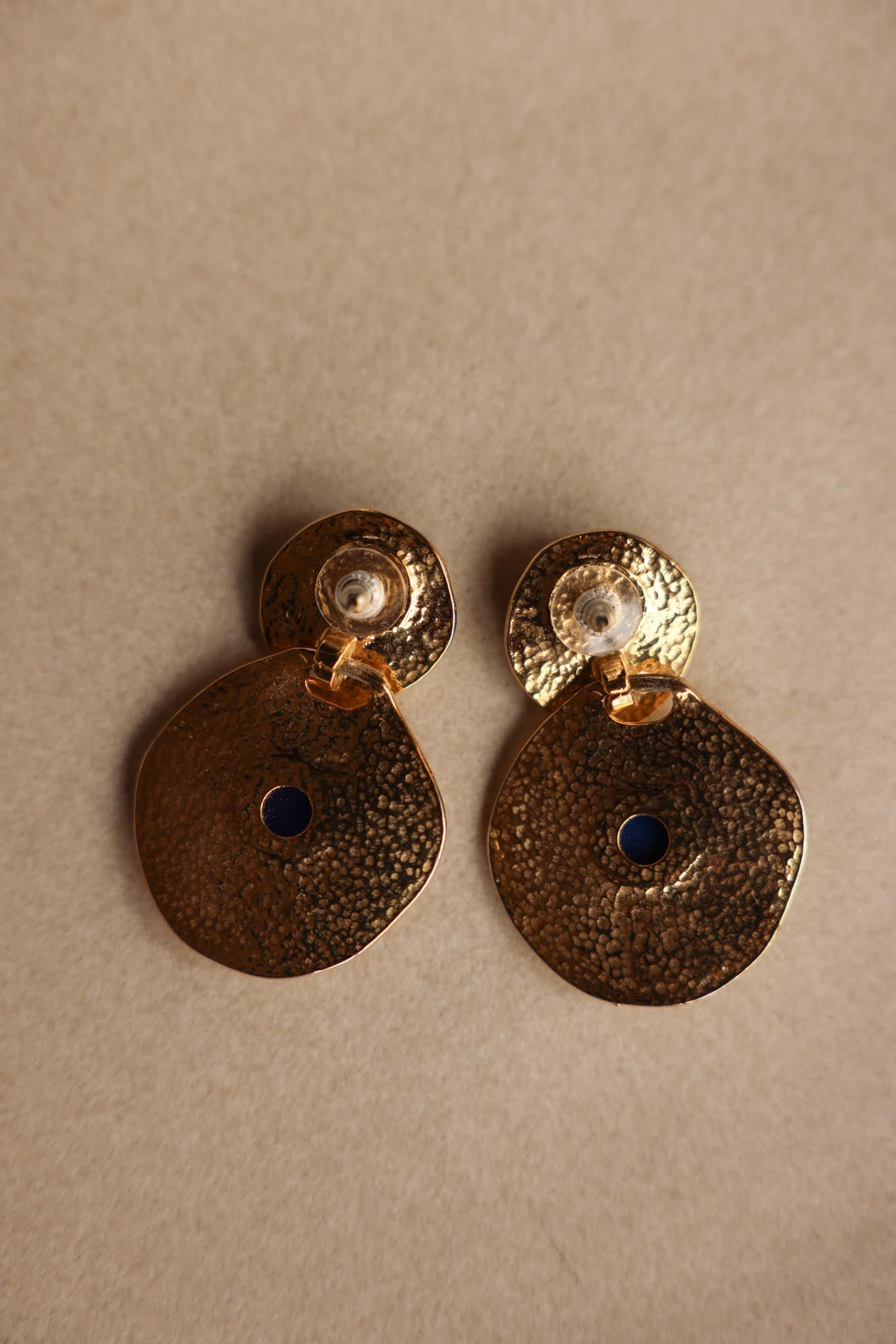 Hammered Gold-Tone Earrings with Blue Cabochons|Vintage Baazaar