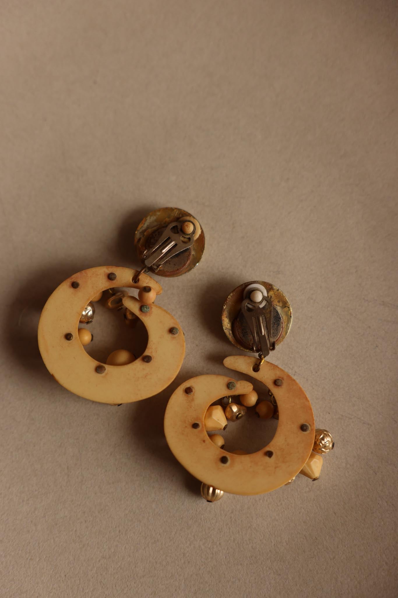 Ivory Swirl Clip-On Earrings with Dangle Beads|Vintage Baazaar