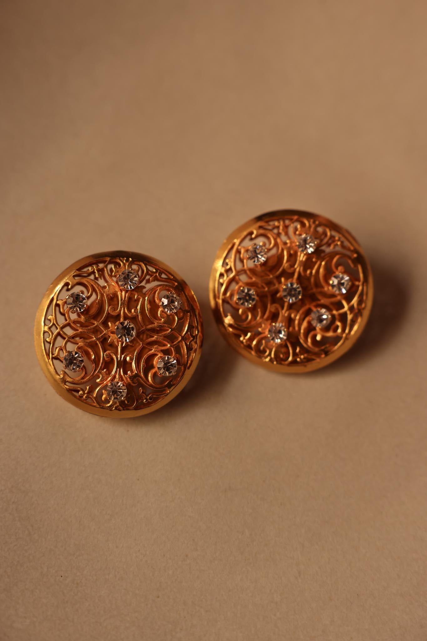 Dominique Aurientis Gold Filigree Clip-On Earrings with Rhinestones|Vintage Baazaar