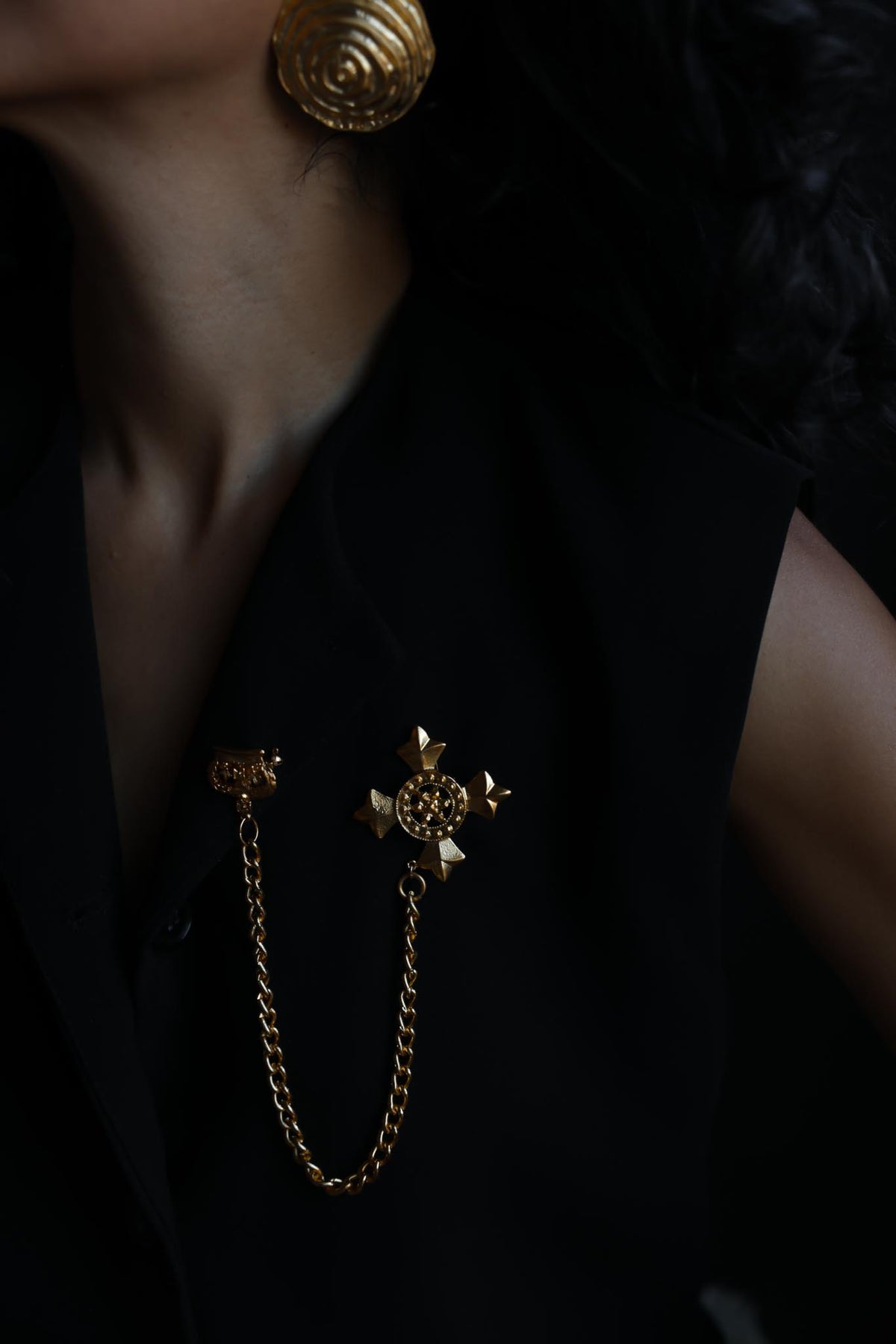 Gold Tone Crown & Cross Double Chain Brooch|Vintage Baazaar