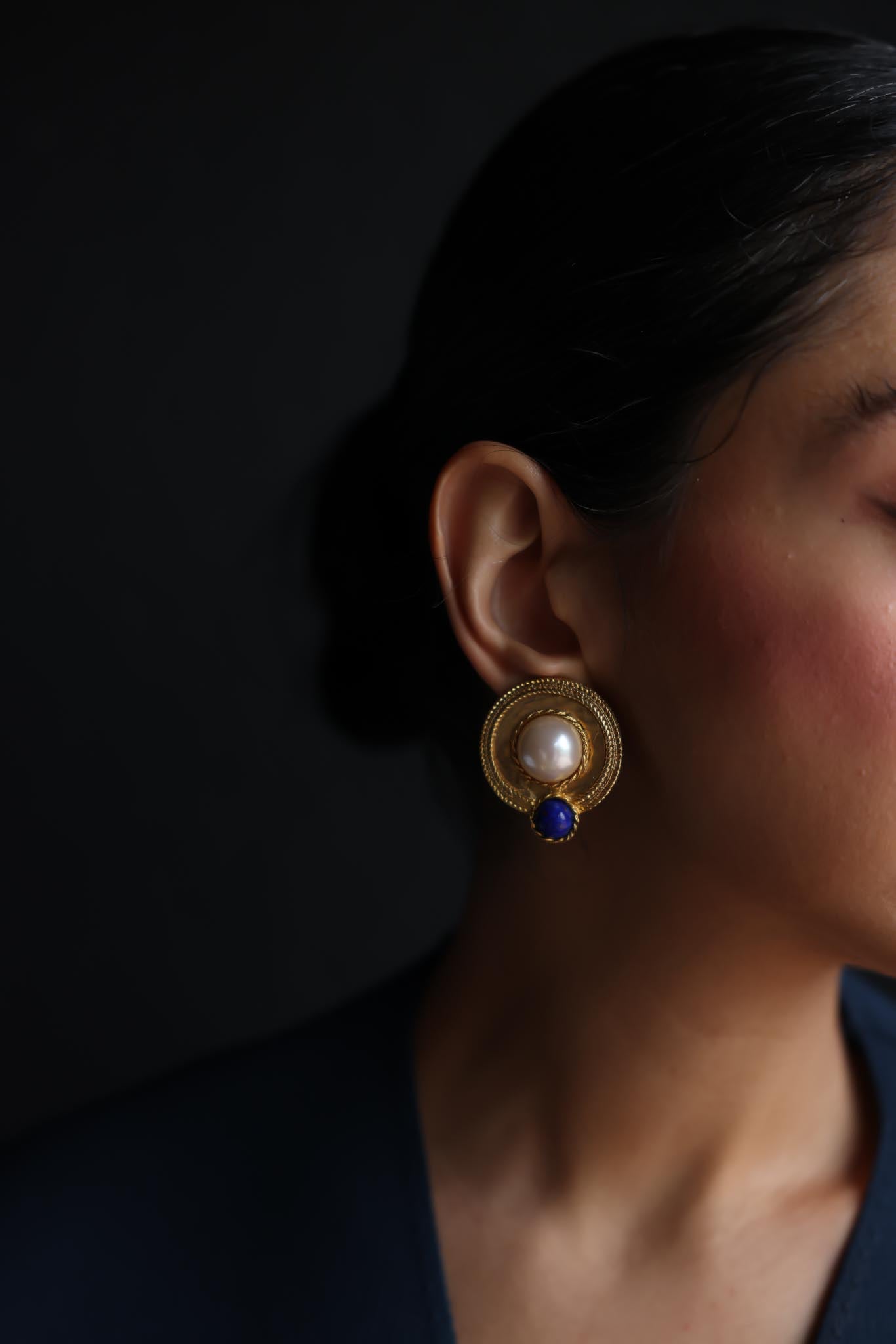 Les Bernard Faux Pearl and Lapis-Tone Brooch & Earrings Set