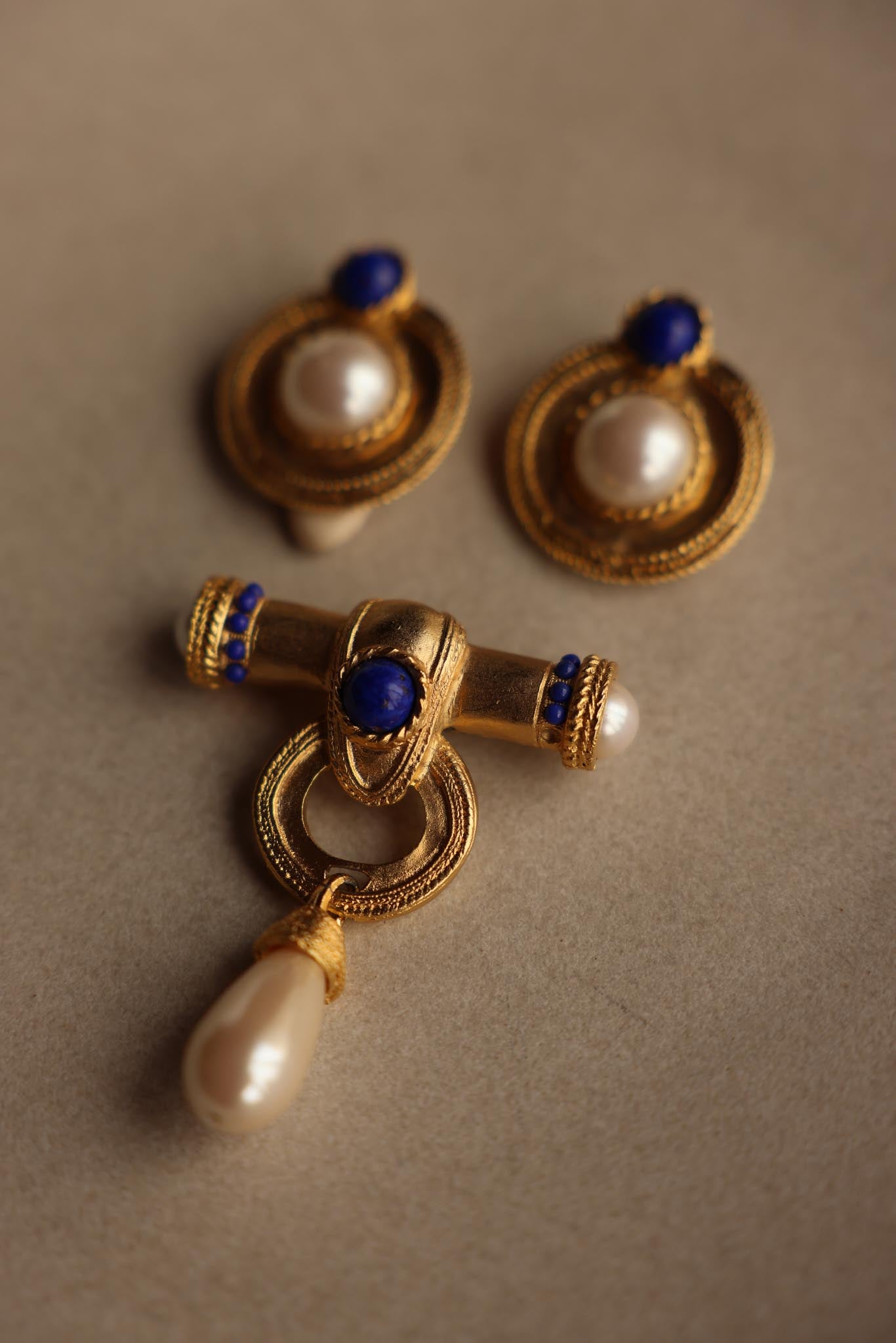 Les Bernard Faux Pearl and Lapis-Tone Brooch & Earrings Set