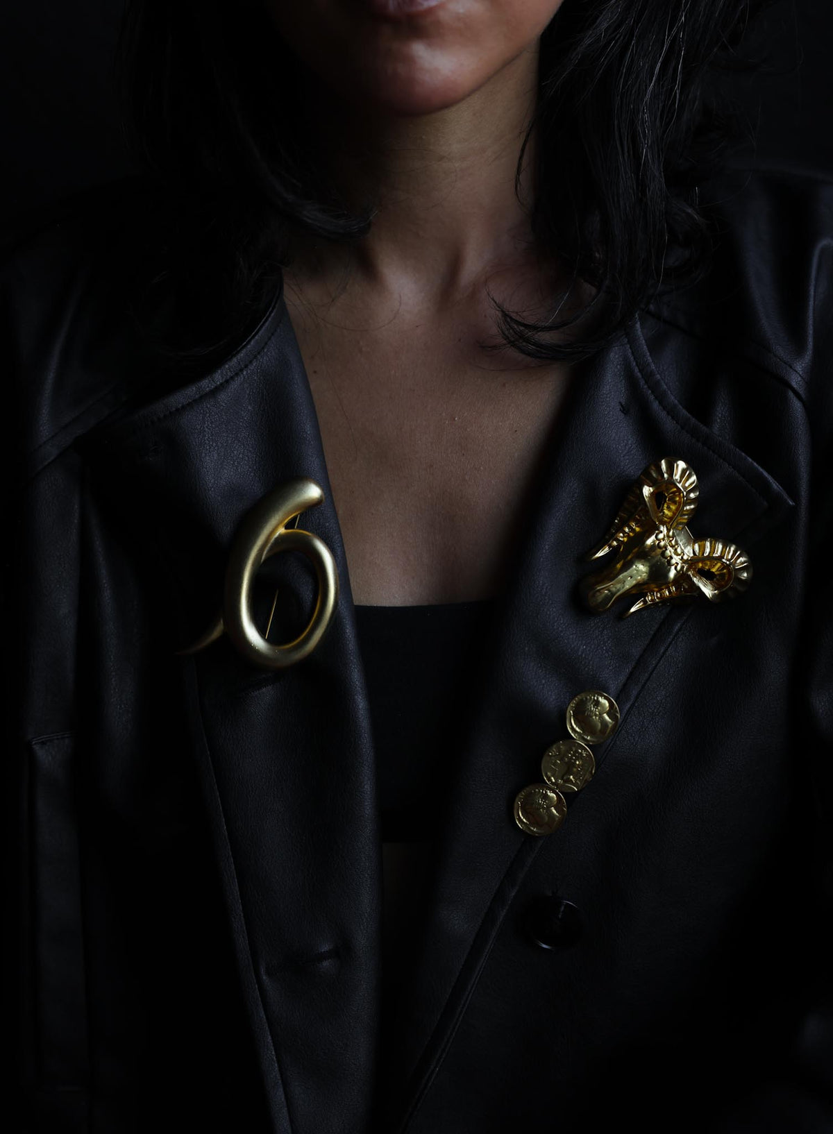 Schiaparelli-Marked Gold Tone Aries Ram Head Statement Brooch