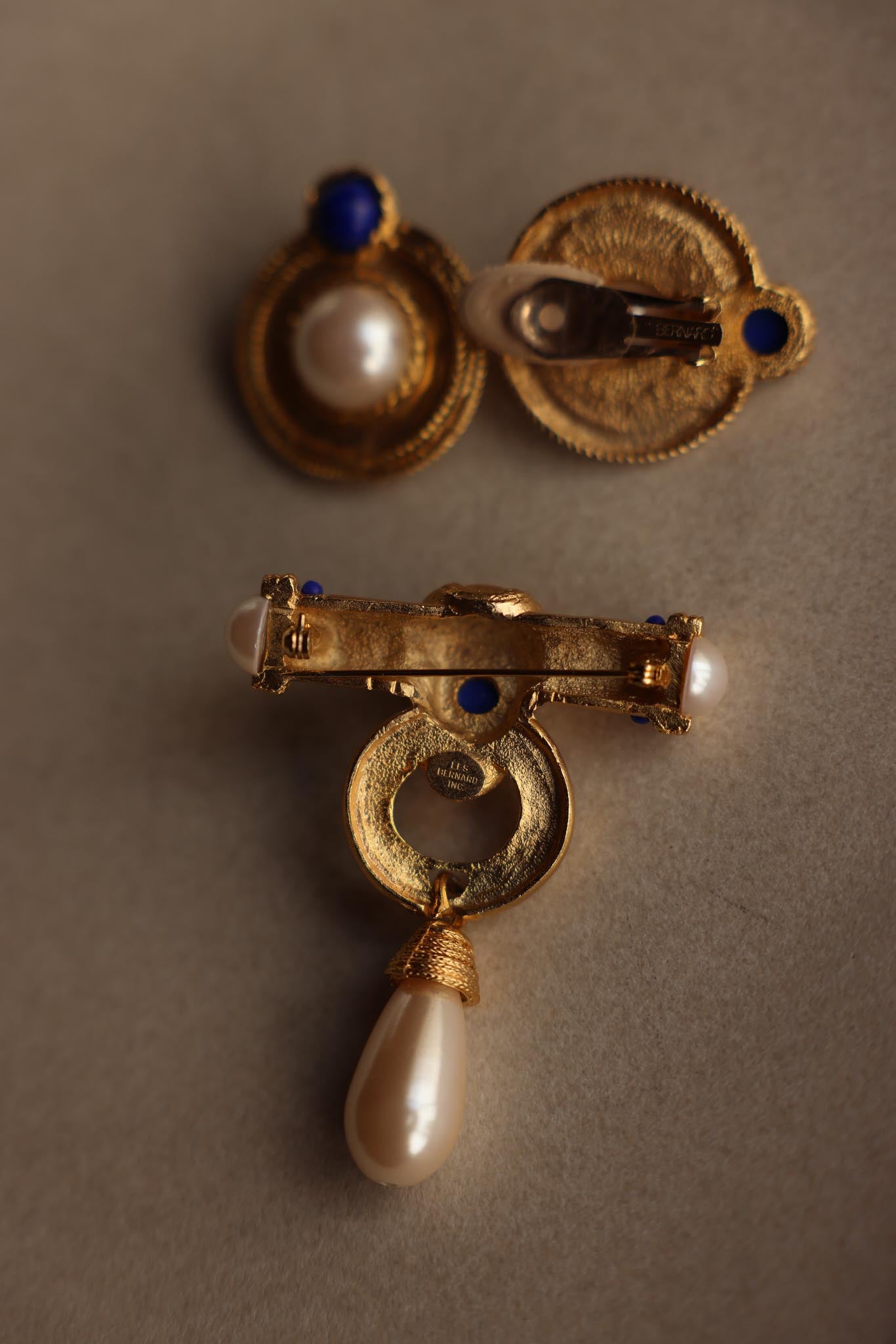 Les Bernard Faux Pearl and Lapis-Tone Brooch & Earrings Set