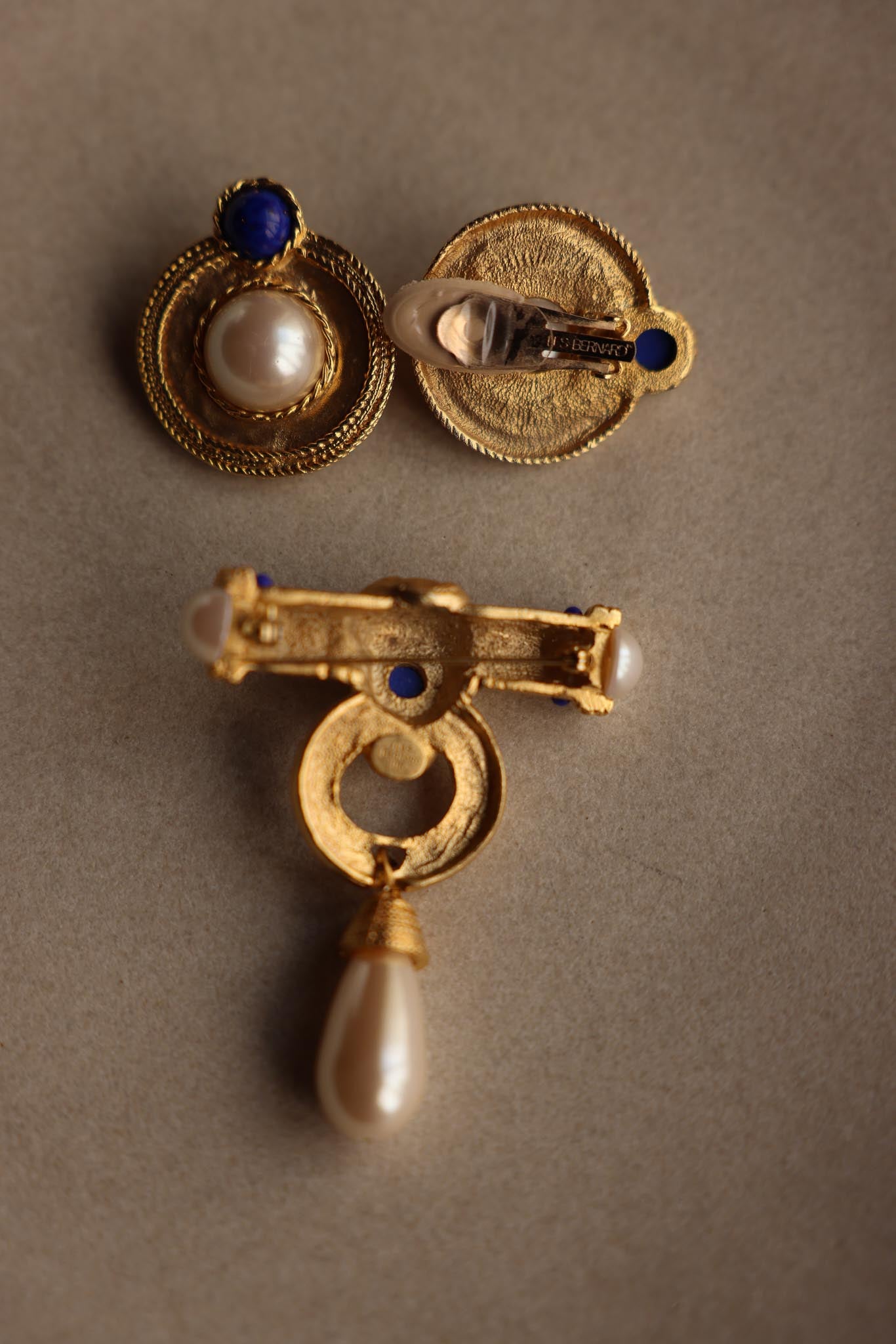 Les Bernard Faux Pearl and Lapis-Tone Brooch & Earrings Set