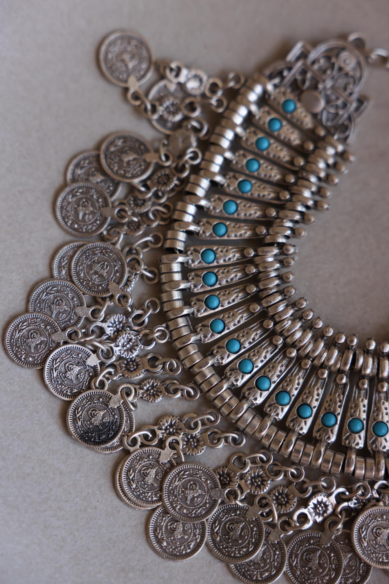 Coin Drop Silver-Tone Statement Necklace with Blue Accents|Vintage Baazaar