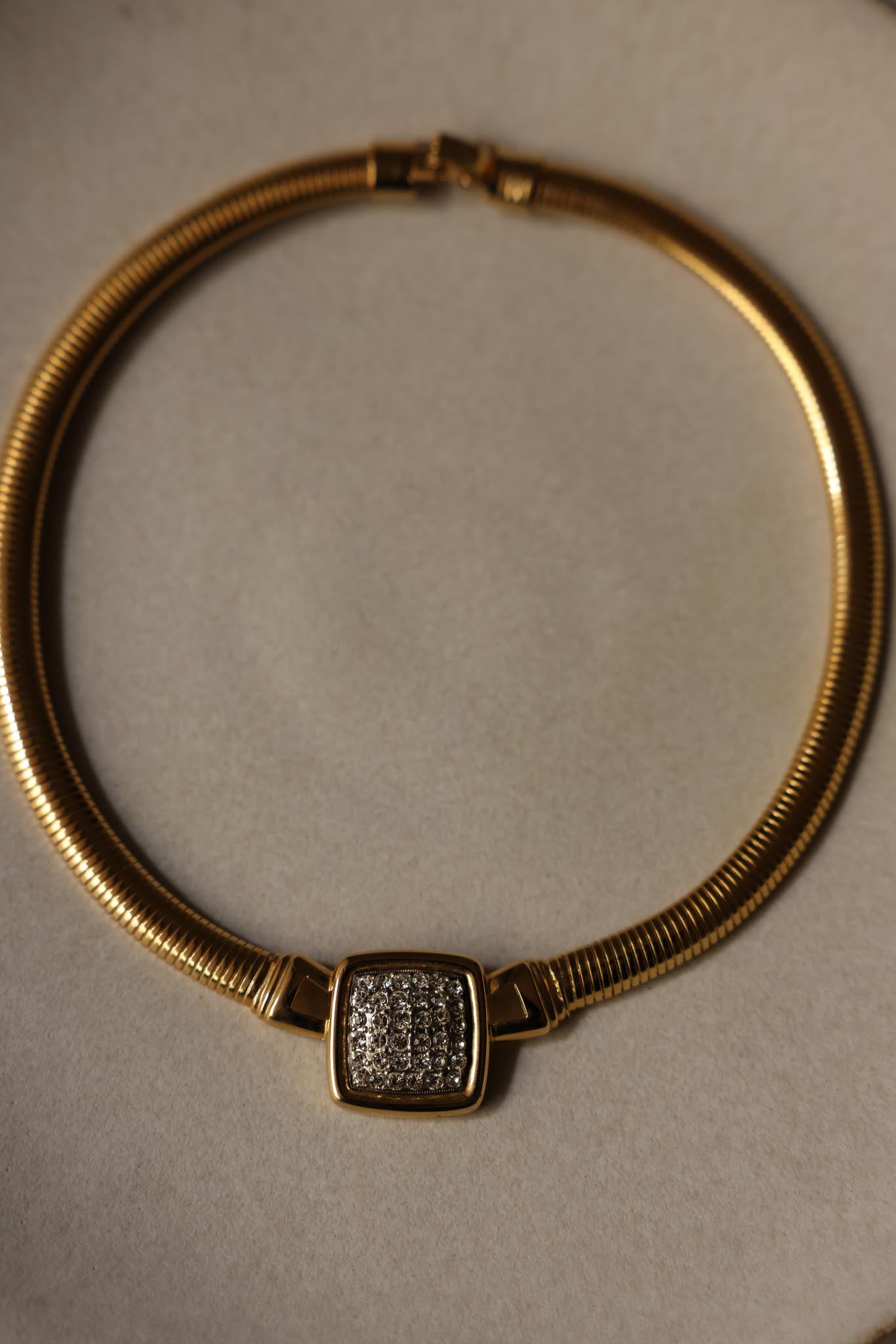 Gold-Toned Omega Chain Necklace with Pave Rhinestone Centerpiece|Vintage Baazaar