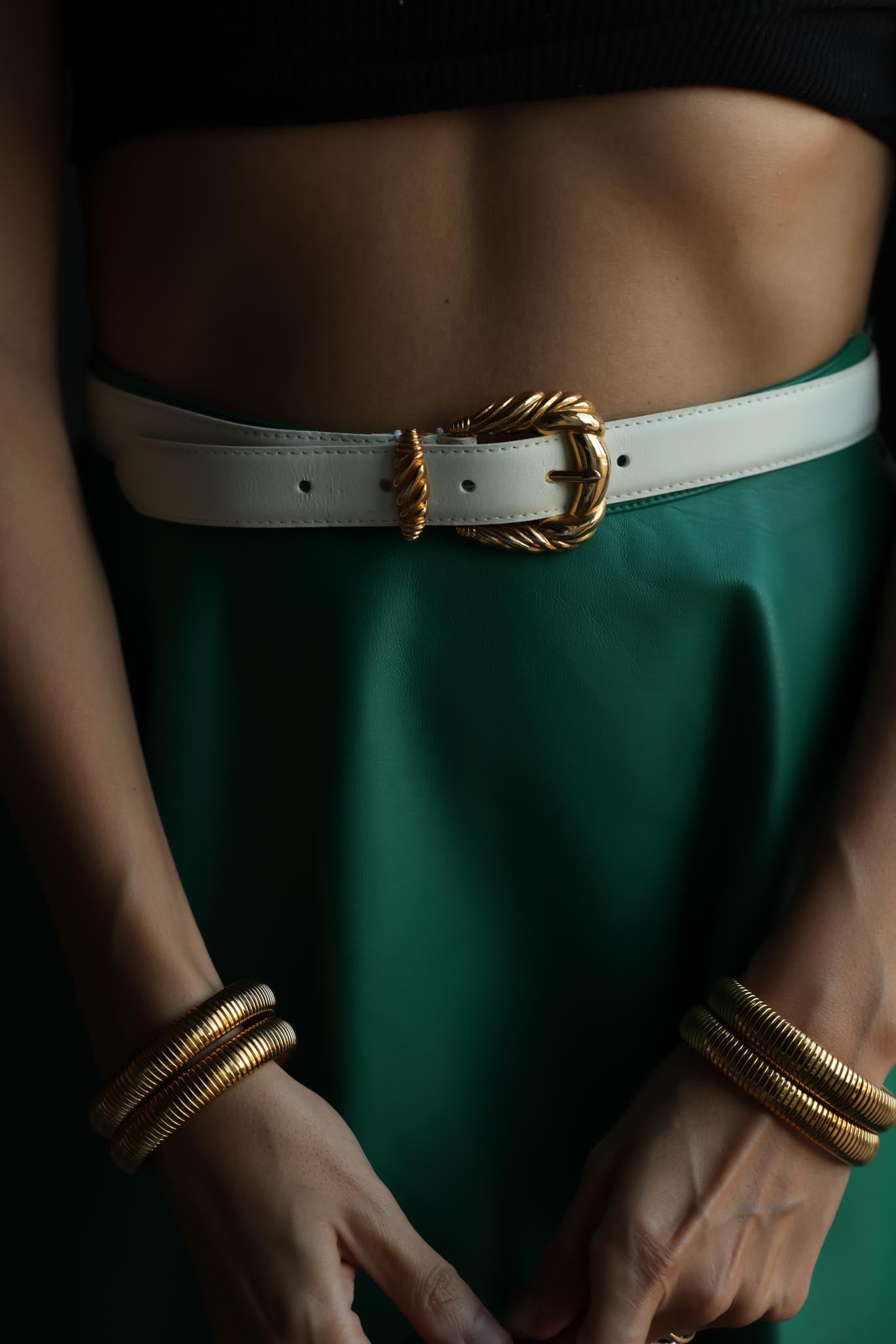 White Leather Belt With Twisted Gold-Tone Buckle