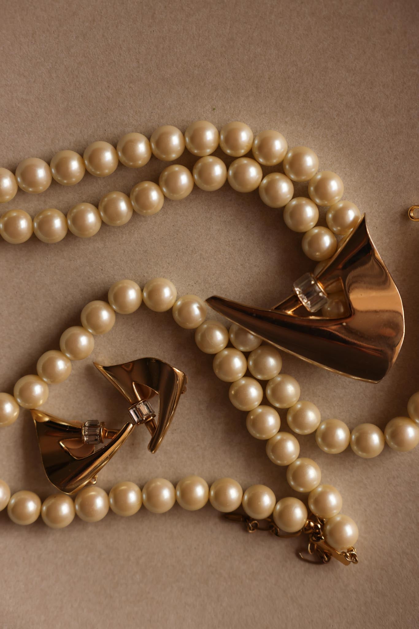 Gold-Tone Faux Pearl Necklace and Earrings Set with Clear Rhinestones