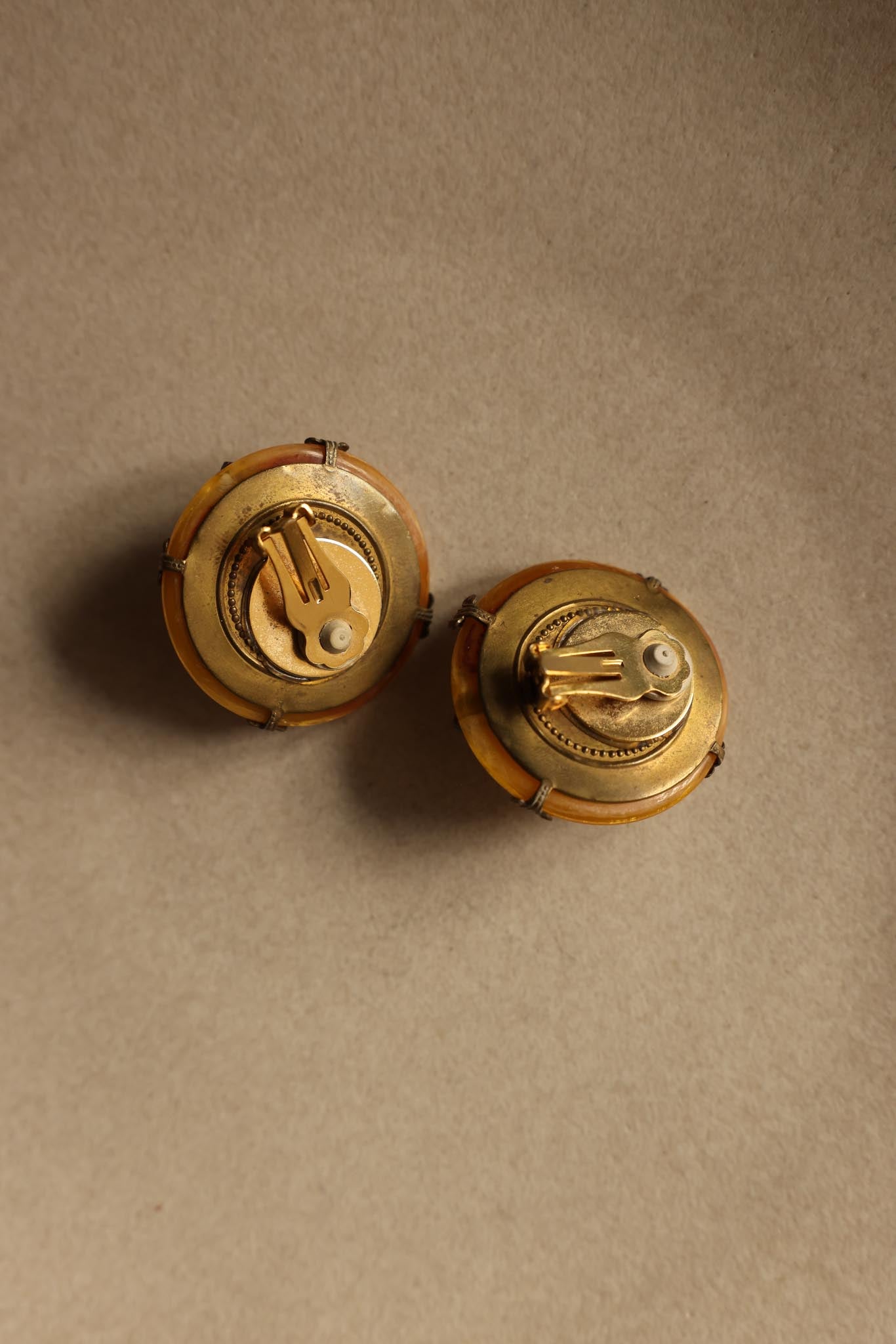 Shield Clip-On Earrings Amber and Brass|Vintage Baazaar