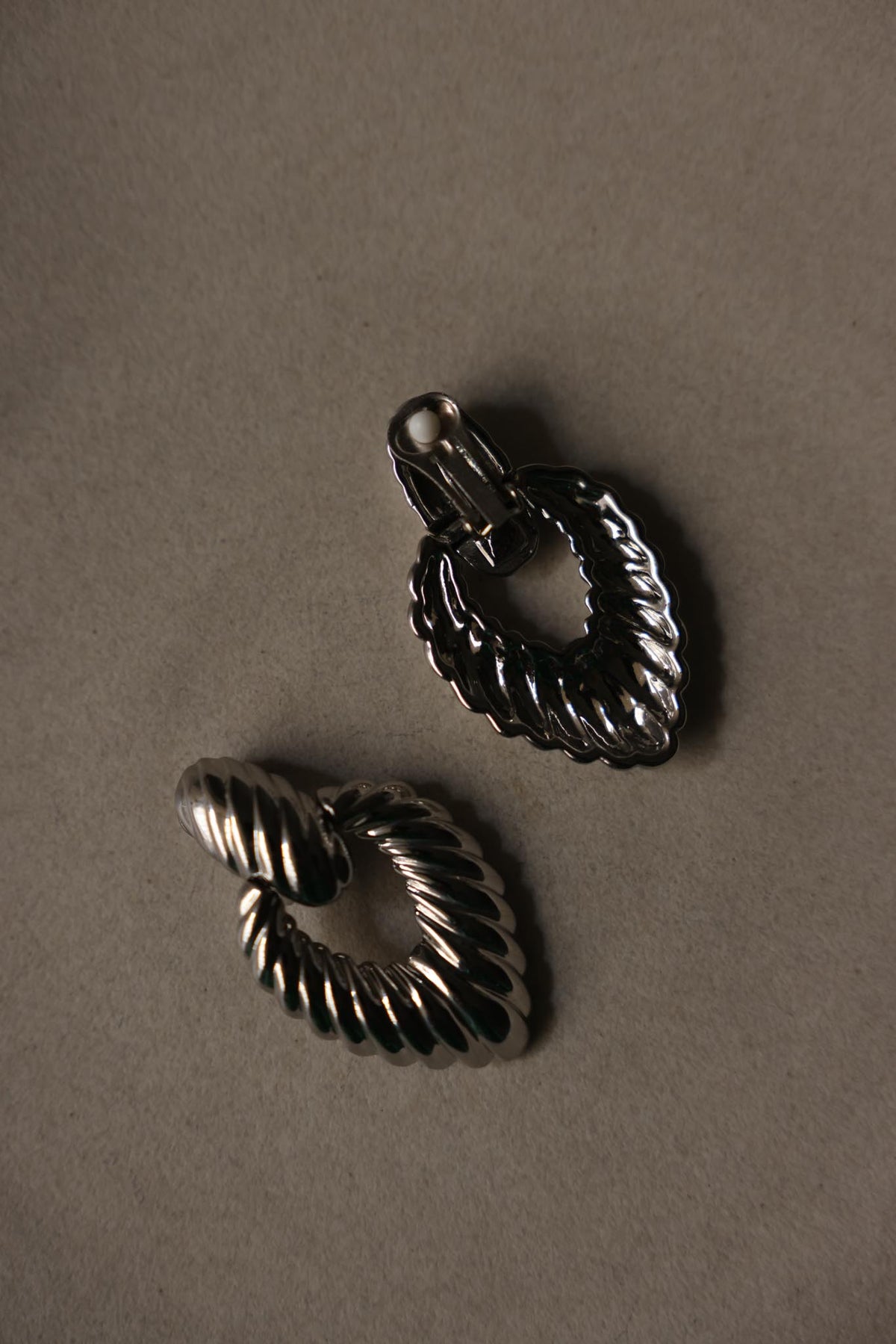 Silver Tone Chunky Ribbed Oval Clip-On Earrings