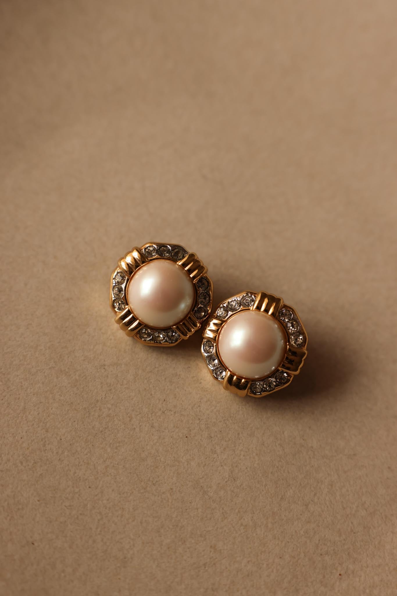 Gold-Tone Clip-On Earrings with Faux Pearls and Rhinestones|Vintage Baazaar