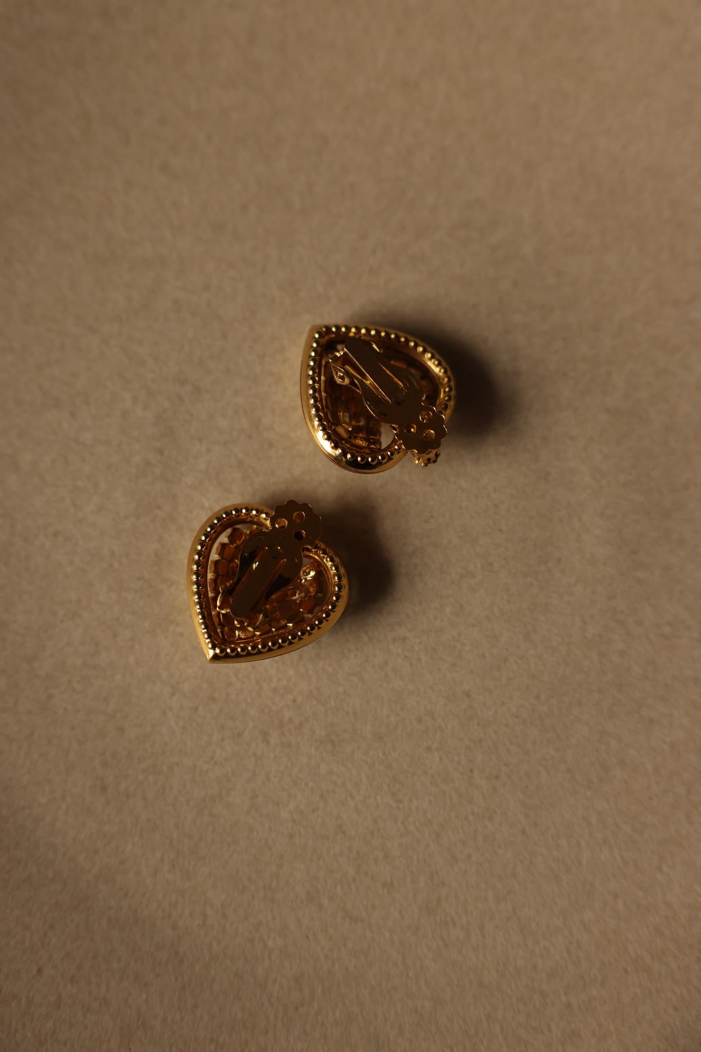 Gold-Tone Heart Clip-On Earrings with Sparkling Accents|Vintage Baazaar