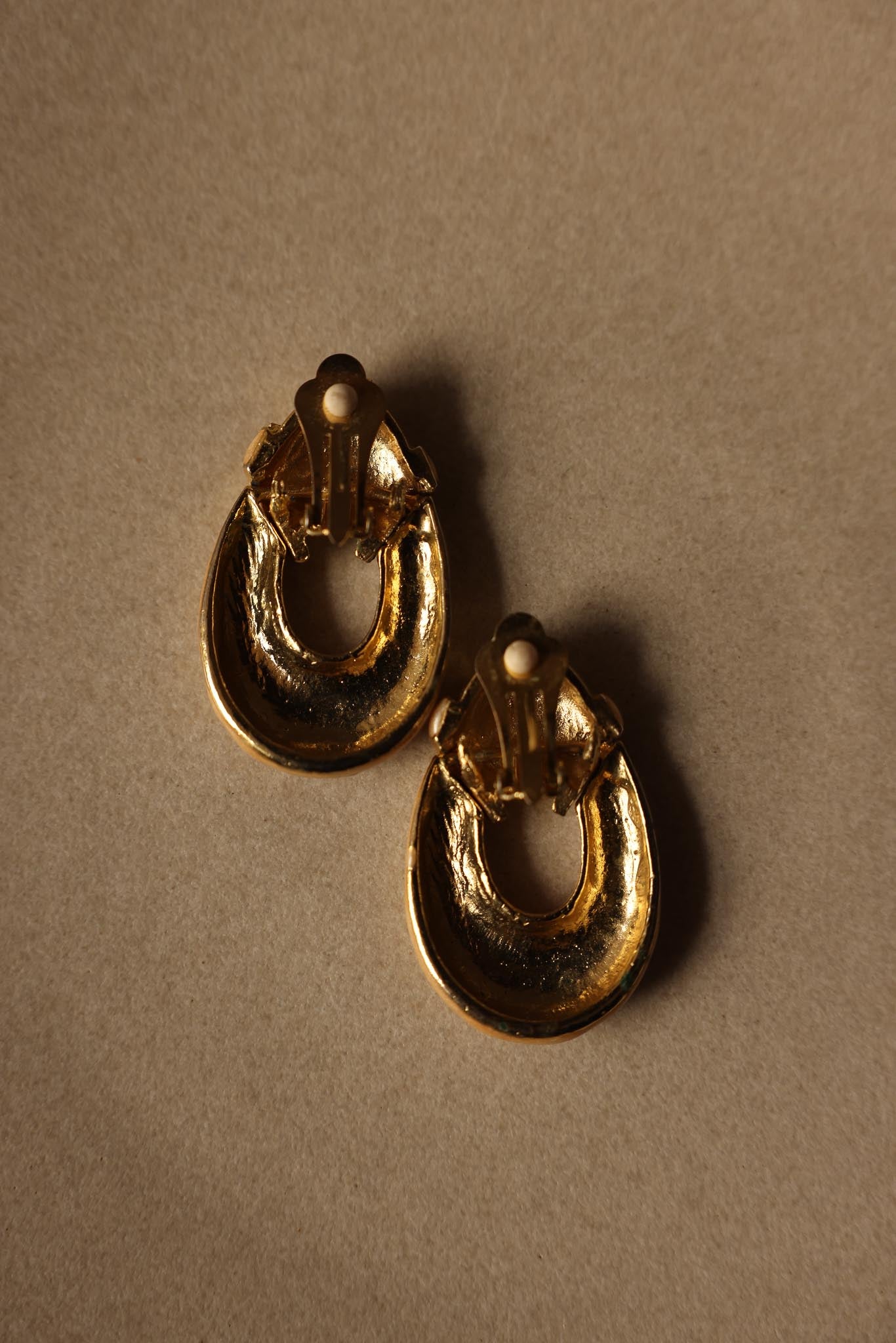 Gold-Tone and Cream Swirl Clip-On Hoop Earrings with Rhinestone Accents|Vintage Baazaar