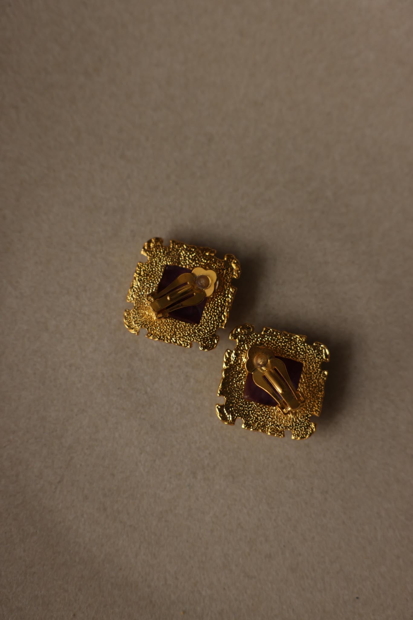 Square Purple Cabochon Gold Tone Clip-On Earrings