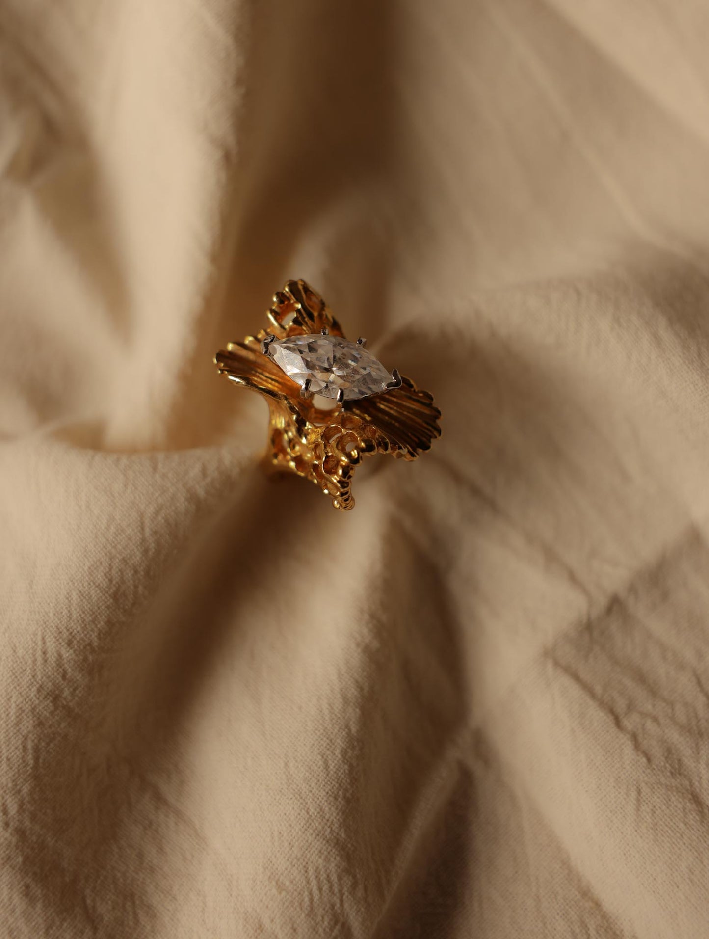 Gold-Filled Ring with Marquise-Cut Clear Crystal, Signed 4K