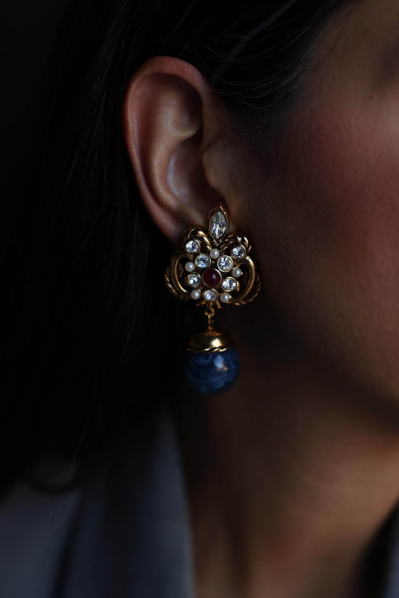 Barrera for Avon Earrings and Brooch Set – Gold Tone with Navy Blue Accents