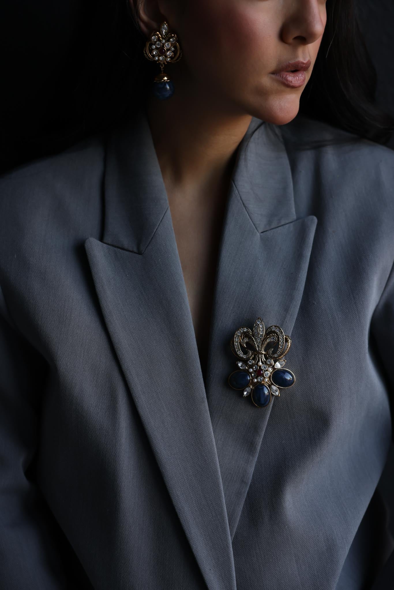 Barrera for Avon Earrings and Brooch Set – Gold Tone with Navy Blue Accents