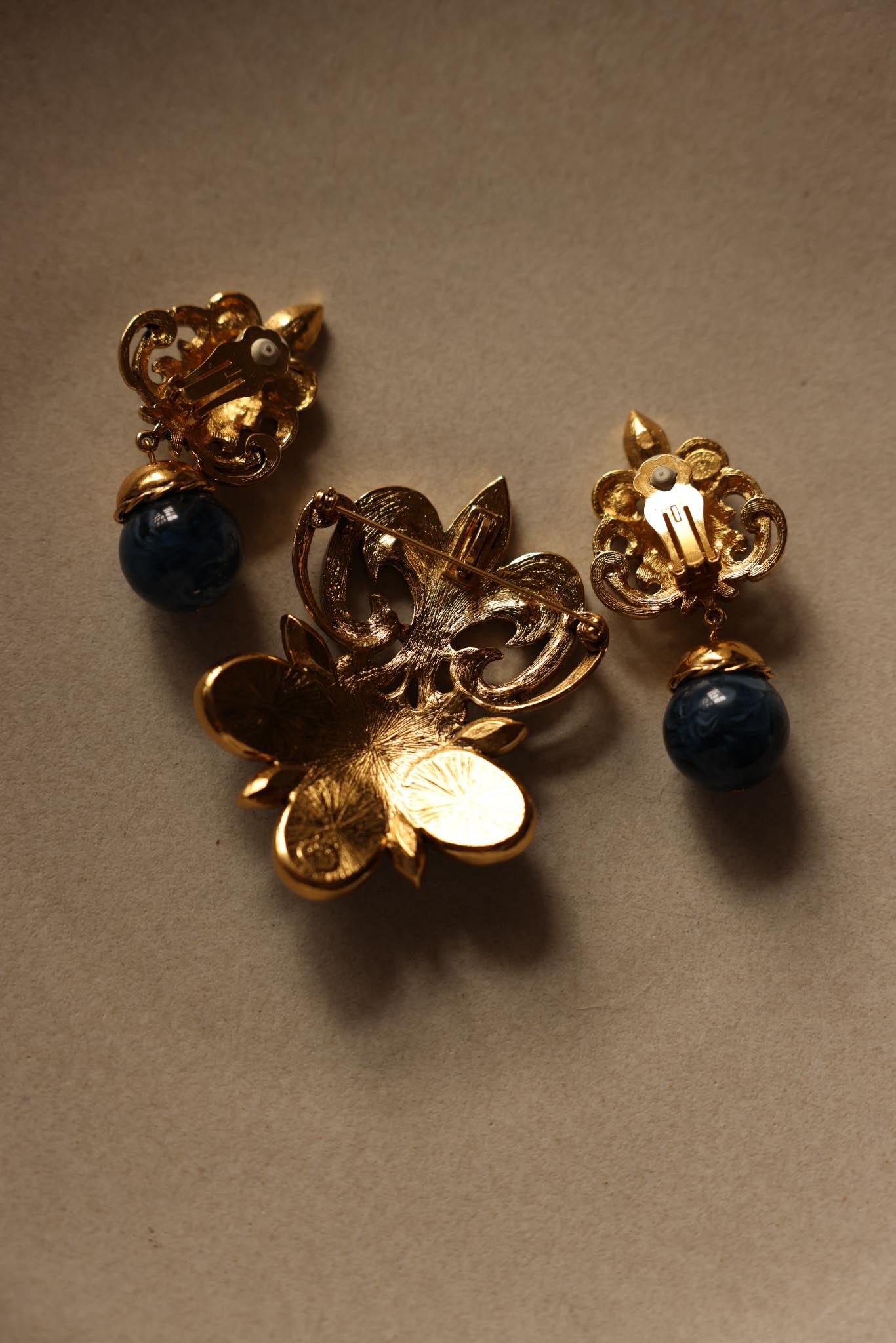 Barrera for Avon Earrings and Brooch Set – Gold Tone with Navy Blue Accents