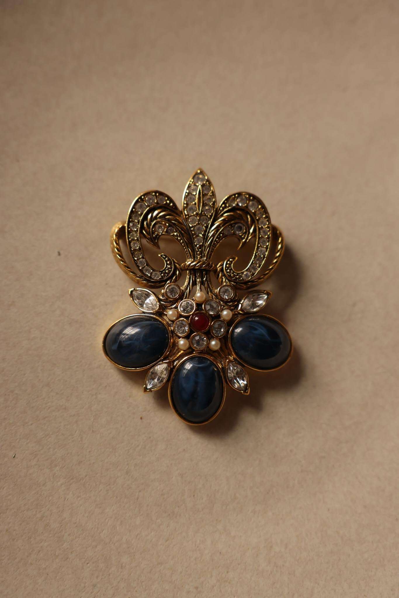 Barrera for Avon Earrings and Brooch Set – Gold Tone with Navy Blue Accents