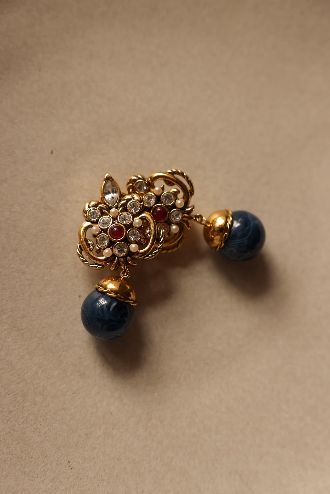 Barrera for Avon Earrings and Brooch Set – Gold Tone with Navy Blue Accents