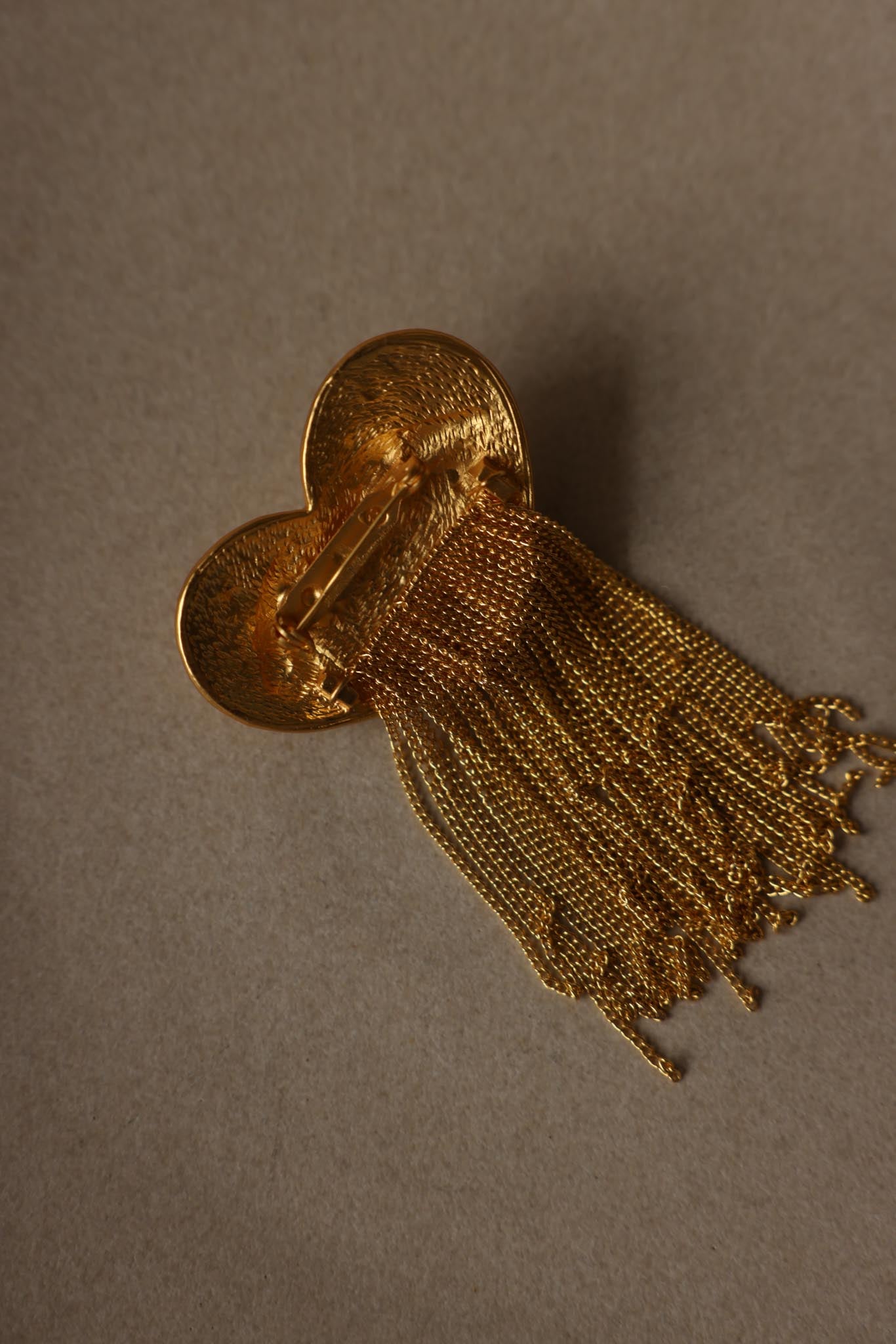 Heart-Shaped Gold-Tone Faux Pearl & Rhinestone Chain Tassel Brooch|Vintage Baazaar
