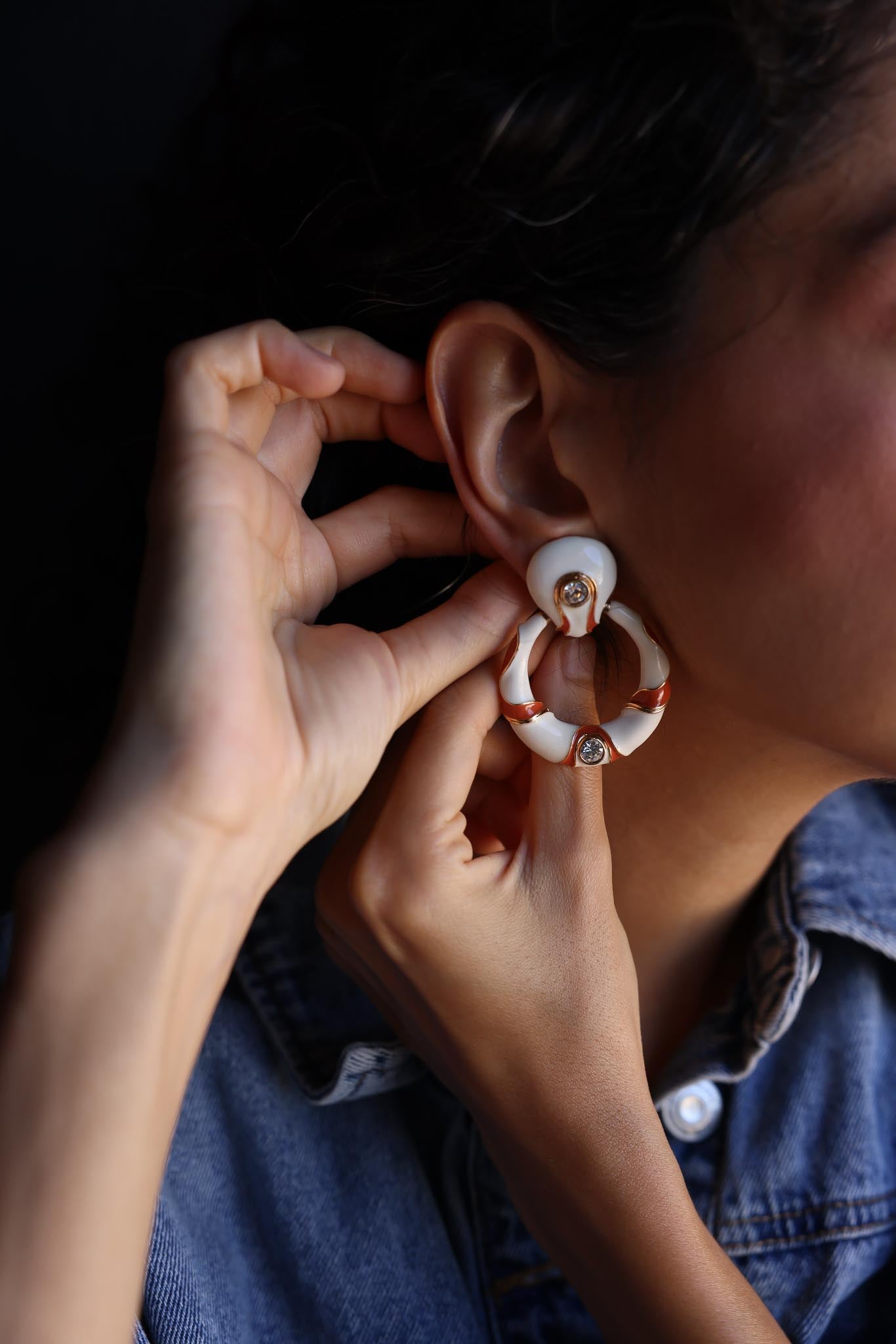 White and Orange Enamel Clip-On Earrings with Rhinestones