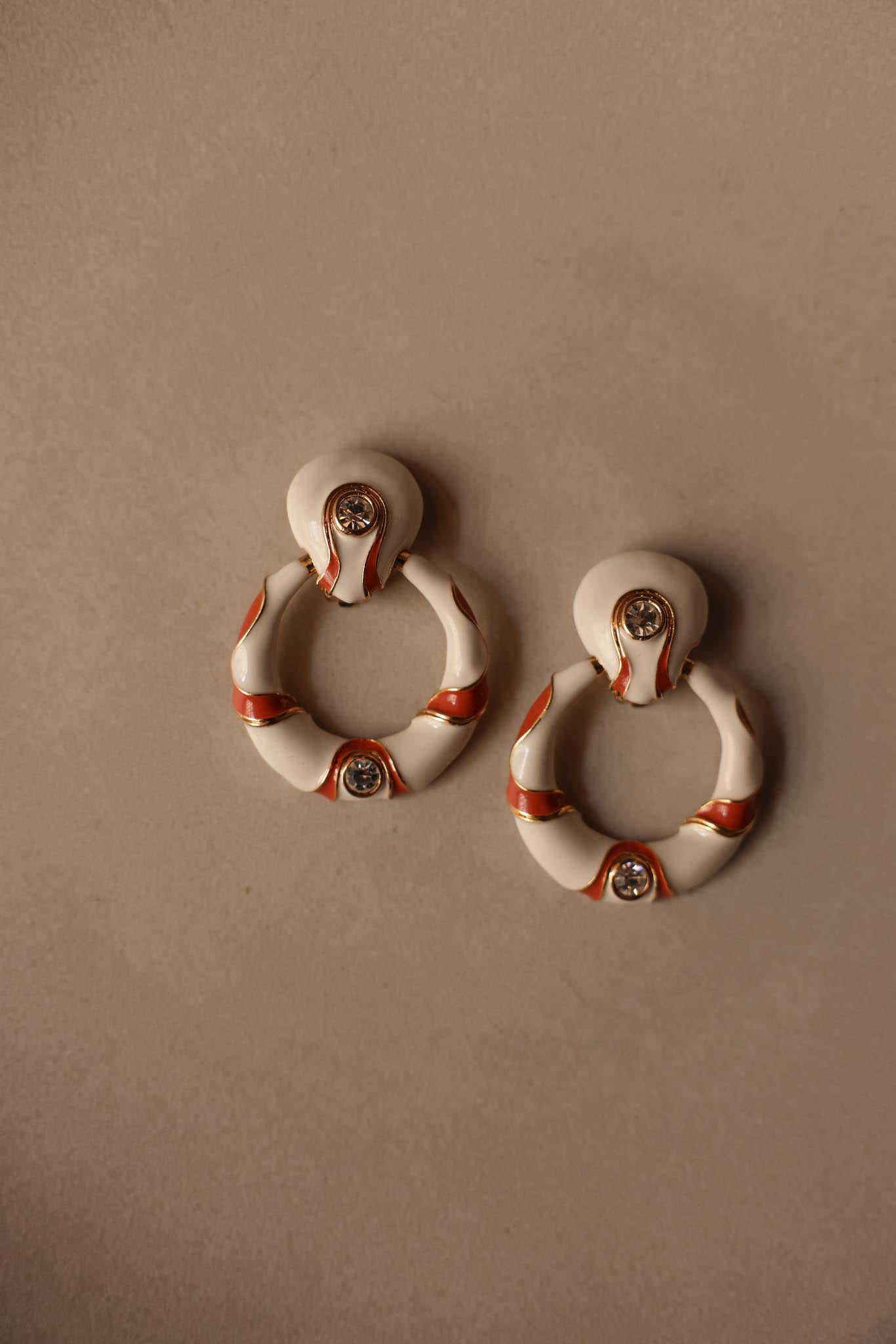 White and Orange Enamel Clip-On Earrings with Rhinestones