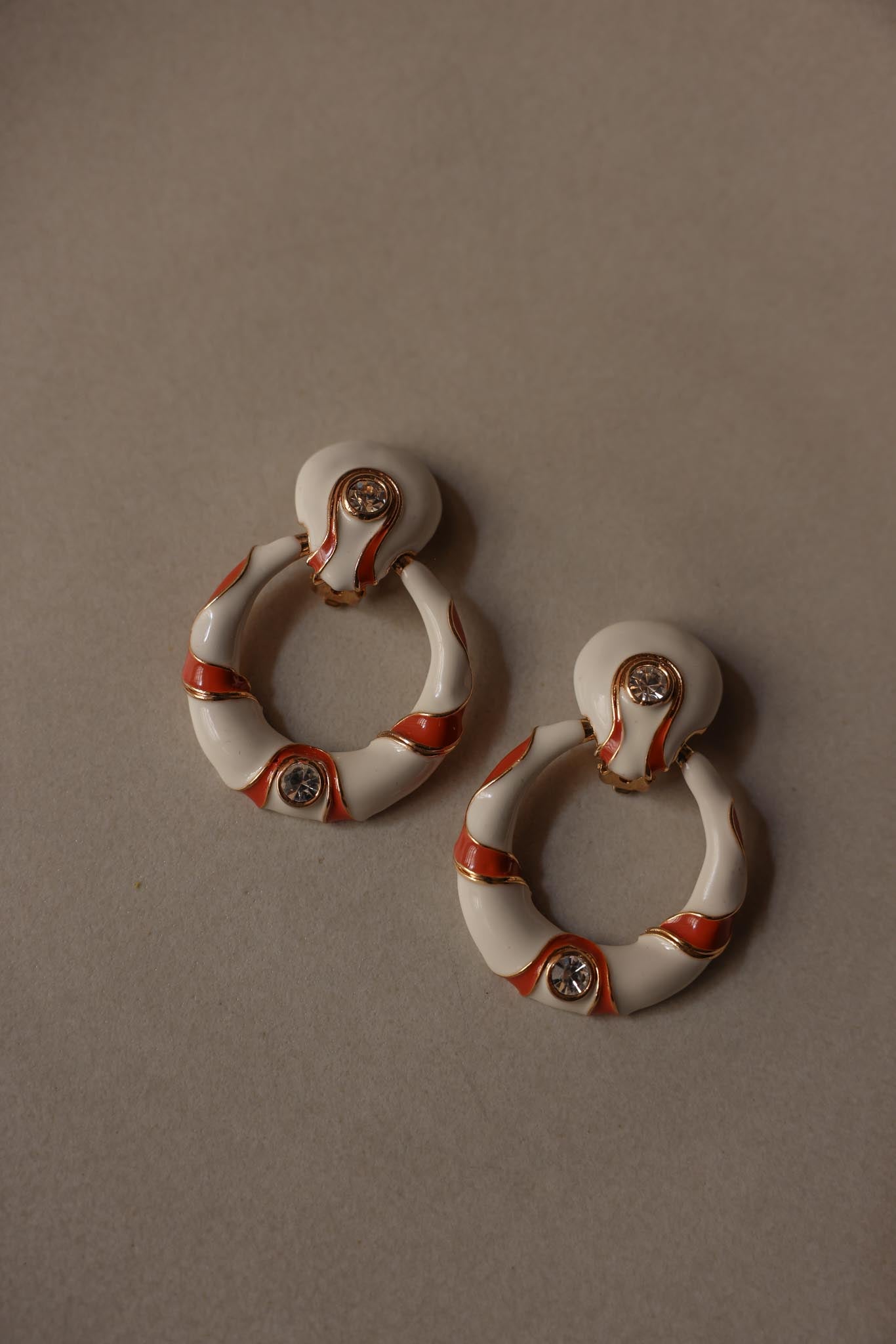 White and Orange Enamel Clip-On Earrings with Rhinestones