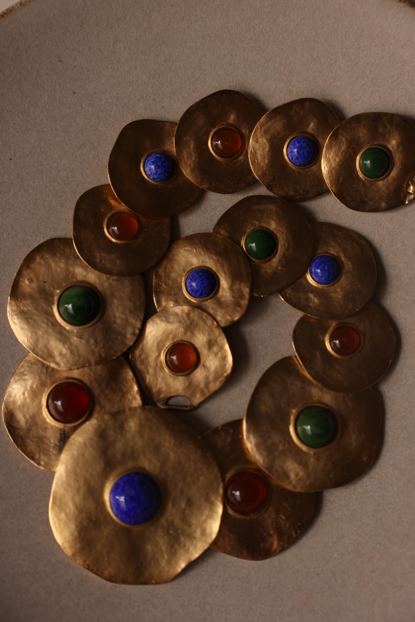 1980s Unsigned Les Bernard Hammered Disc Statement Necklace