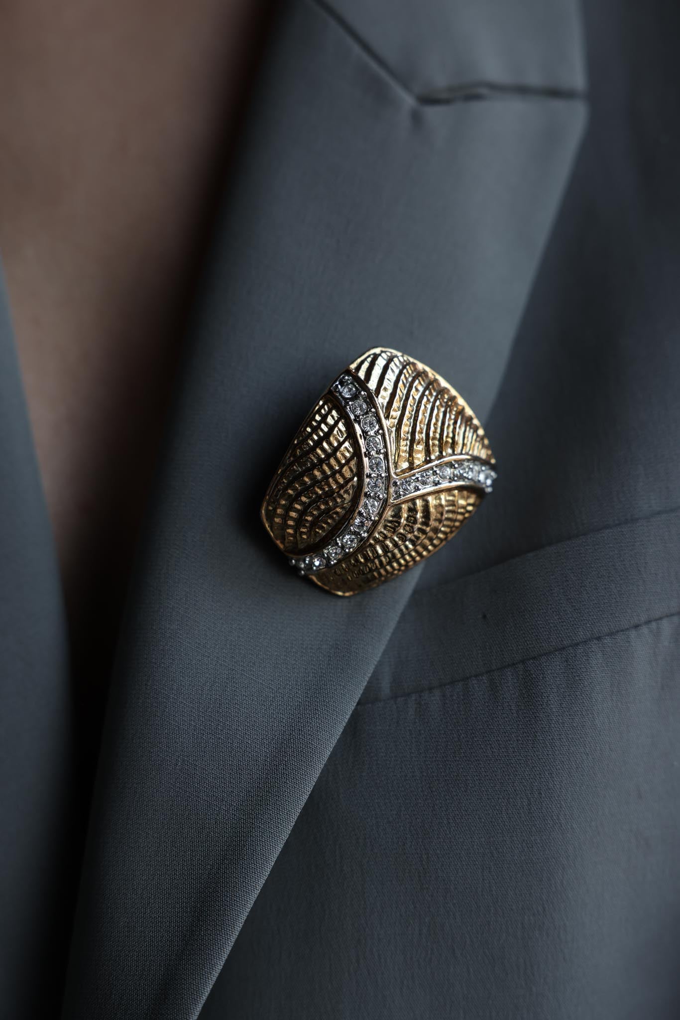 Gold-Toned Textured Brooch with Rhinestone Accents