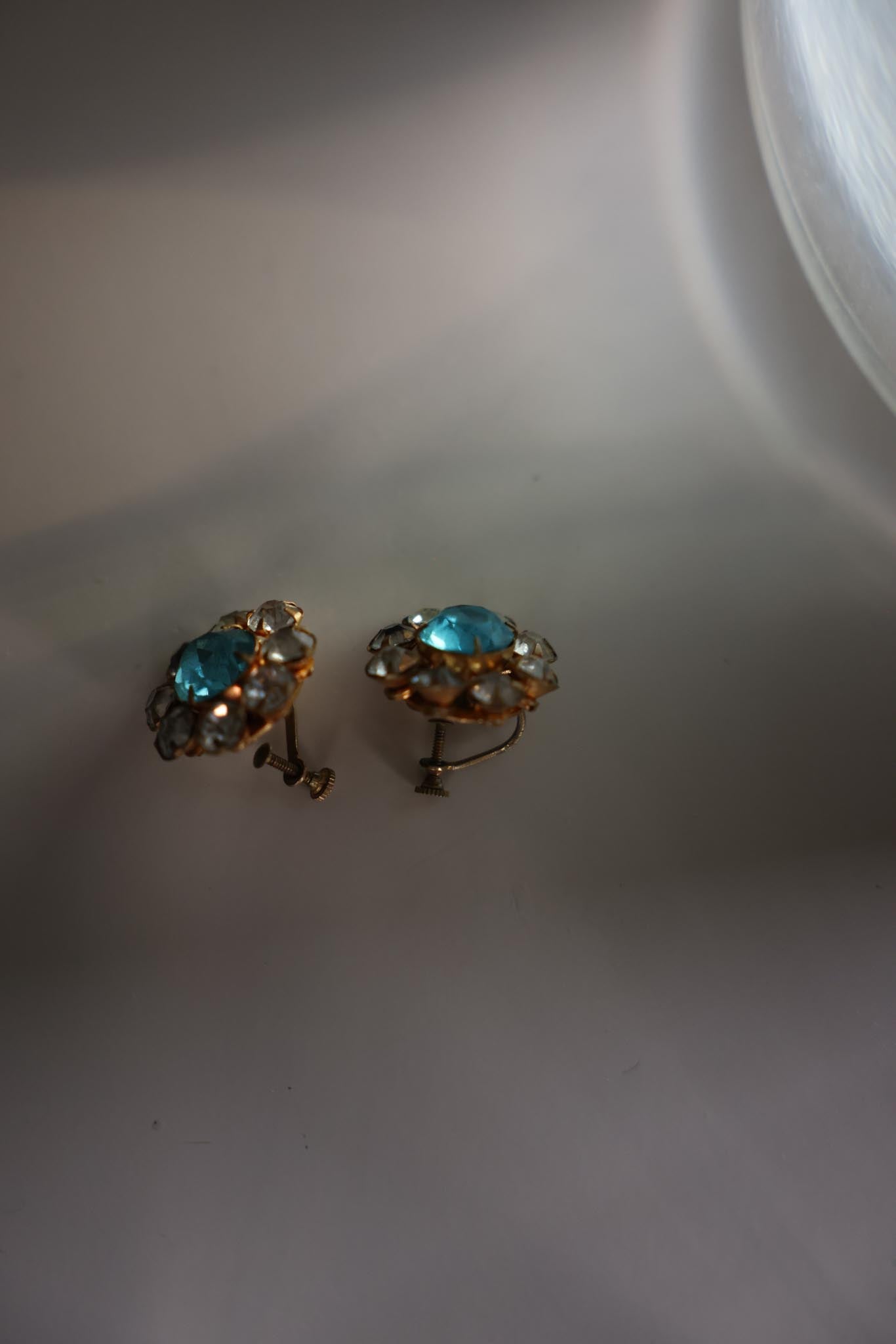 Blue Glass and Rhinestone Screw-Back Earrings