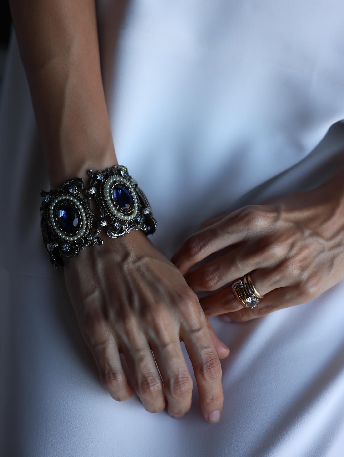Antique Silver-Tone Bracelet with Blue Glass and Faux Pearls