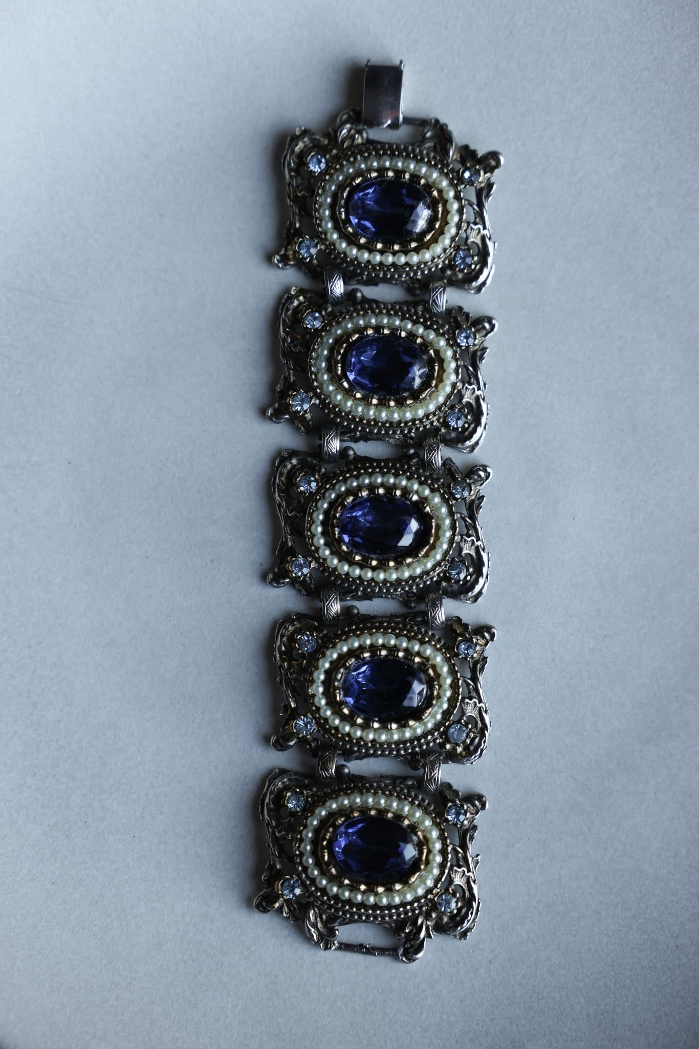 Antique Silver-Tone Bracelet with Blue Glass and Faux Pearls