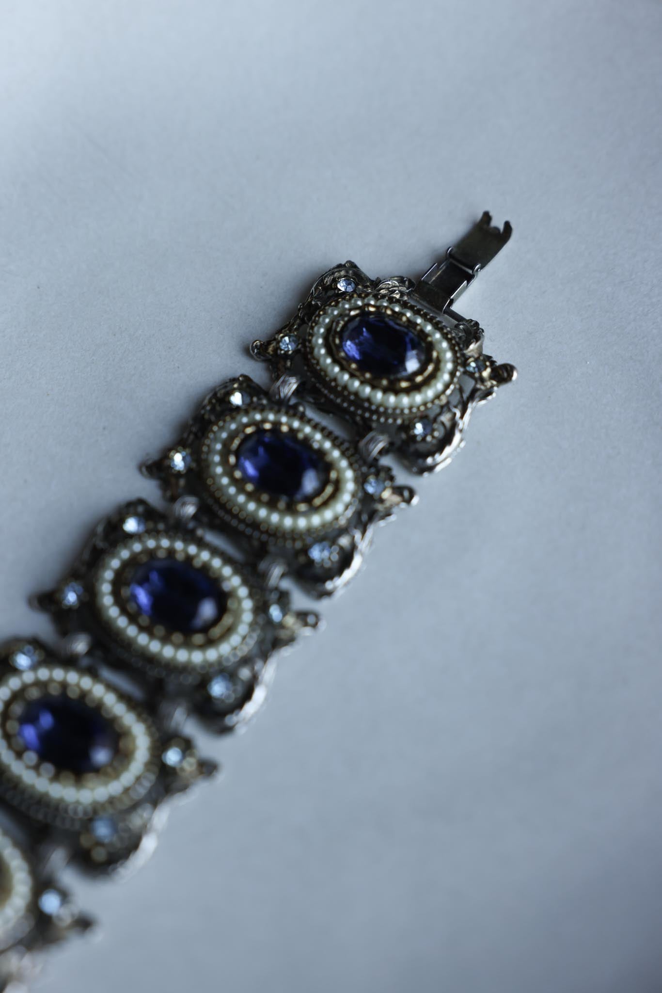 Antique Silver-Tone Bracelet with Blue Glass and Faux Pearls
