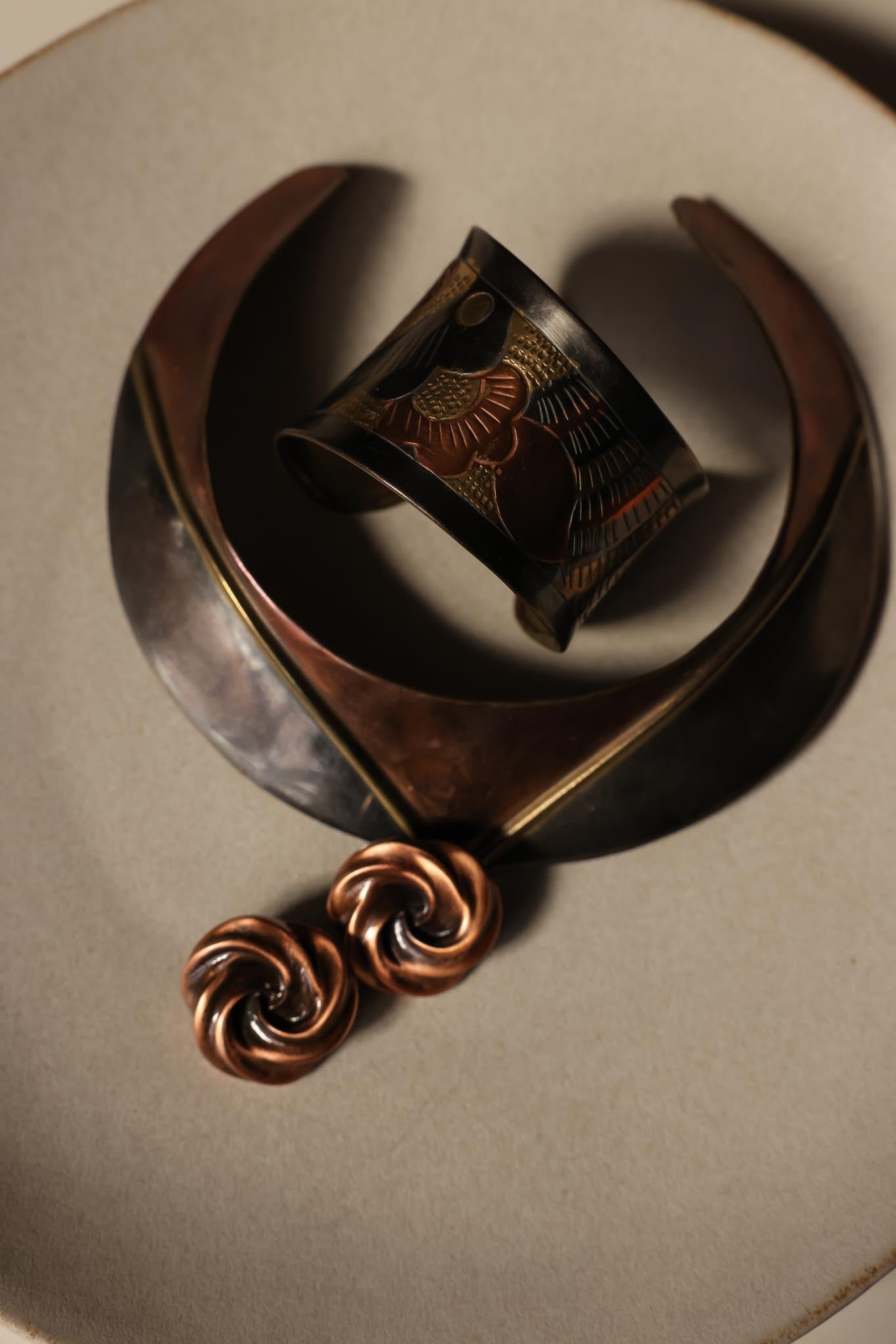 Mixed Metal Collar, Cuff, and Bronze Earrings|Vintage Baazaar