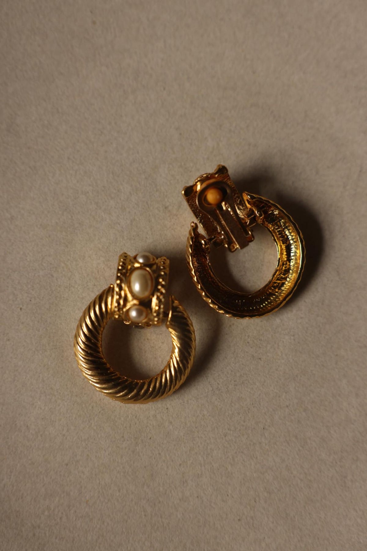 Gold Tone Faux Pearl Door Knocker Clip-On Earrings